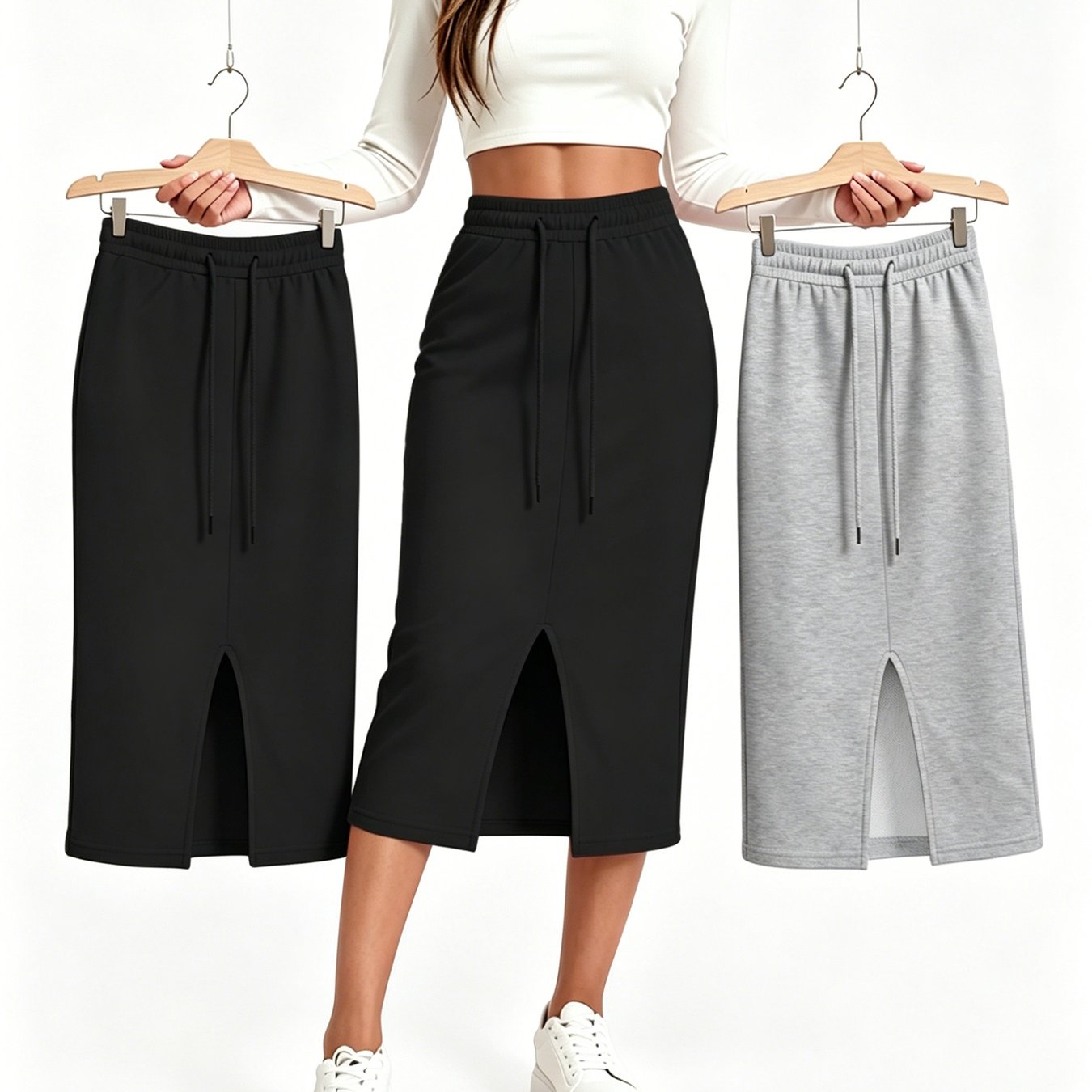 TEMU 3pcs Slim Fit Hip Wrap Midi Skirt Women's High Waist Front Slit Drawstring Sweatshirt Dress Casual Versatile Midi Skirt