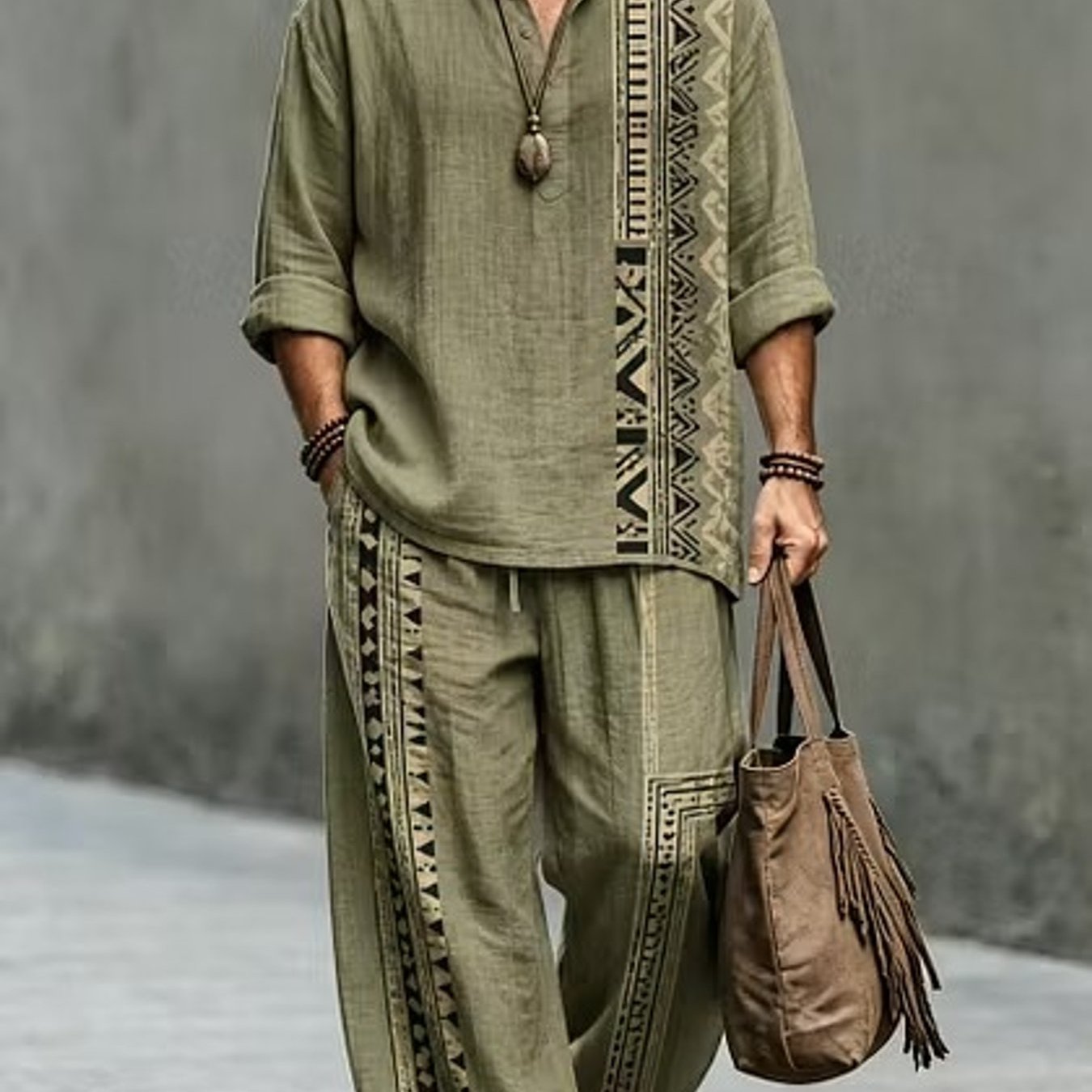 Image of Standard Size Men's Loose 2pcs Set- Men's Fashionable Ethnic Style Geometric Pattern Casual Loose 2pcs Set, Adult Male Street Style, Holiday Gift, Daily Wear