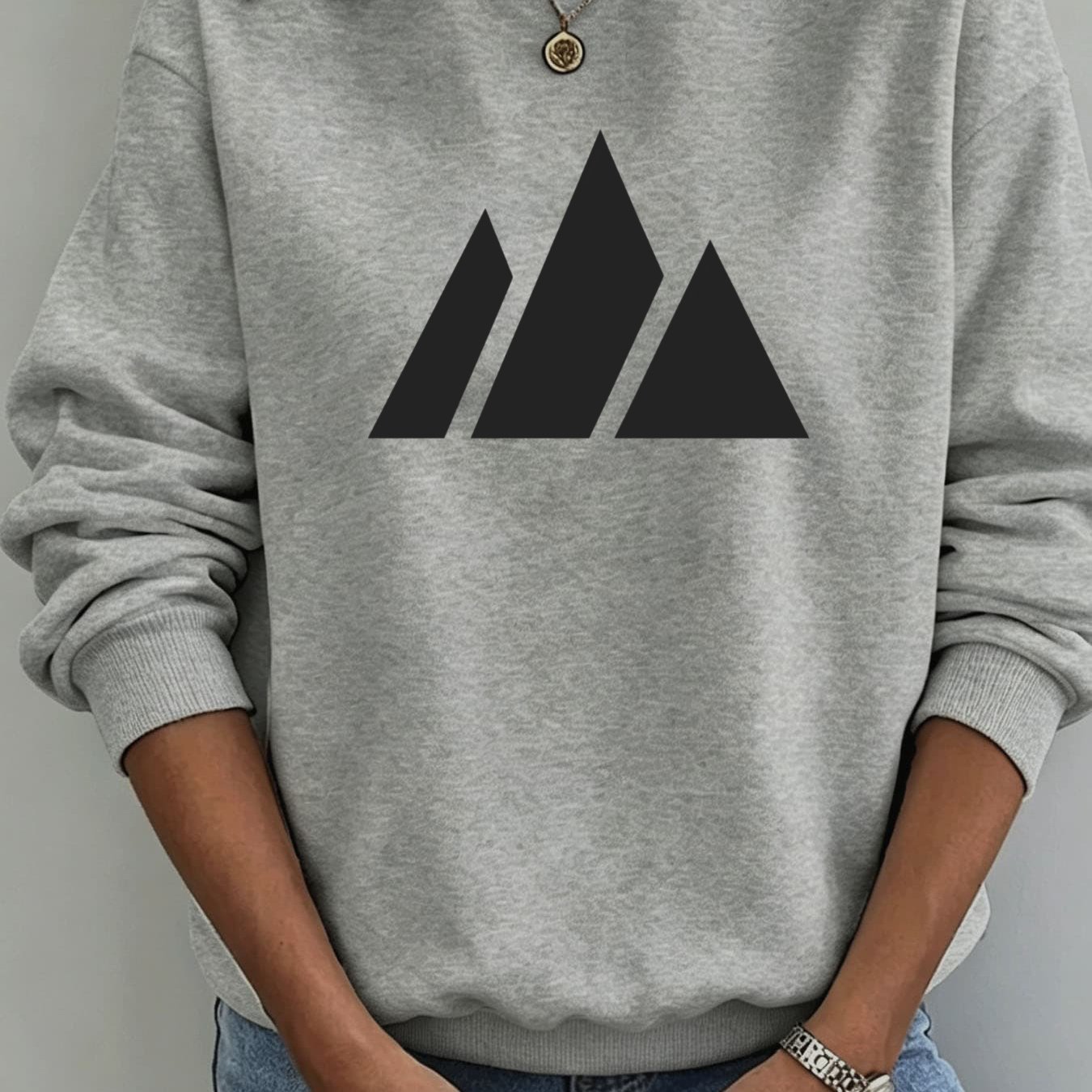 Image of Autumn Winter New Fleece Crewneck Sweatshirt: Women's Loose Fit Casual Pullover With Geometric Triangle Print, Breathable And Comfortable For Daily Wear, Round Neck Sweatshirt
