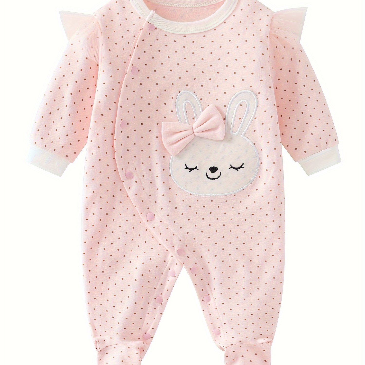 Image of Newborn Baby Girl Spring/autumn Outfit, Footed Bodysuit With Long Sleeves, Pure Cotton, Cute Pink Cartoon Rabbit, Perfect For Outdoor