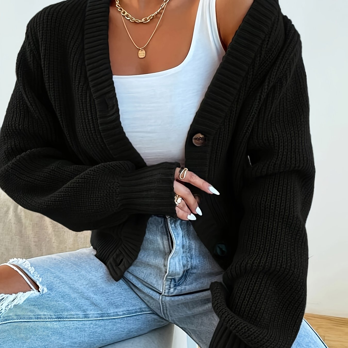 Image of Autumn/winter Solid Color V-neck Cardigan, Casual Solid Color Single-breasted Versatile Sweater, Long-sleeve Outerwear