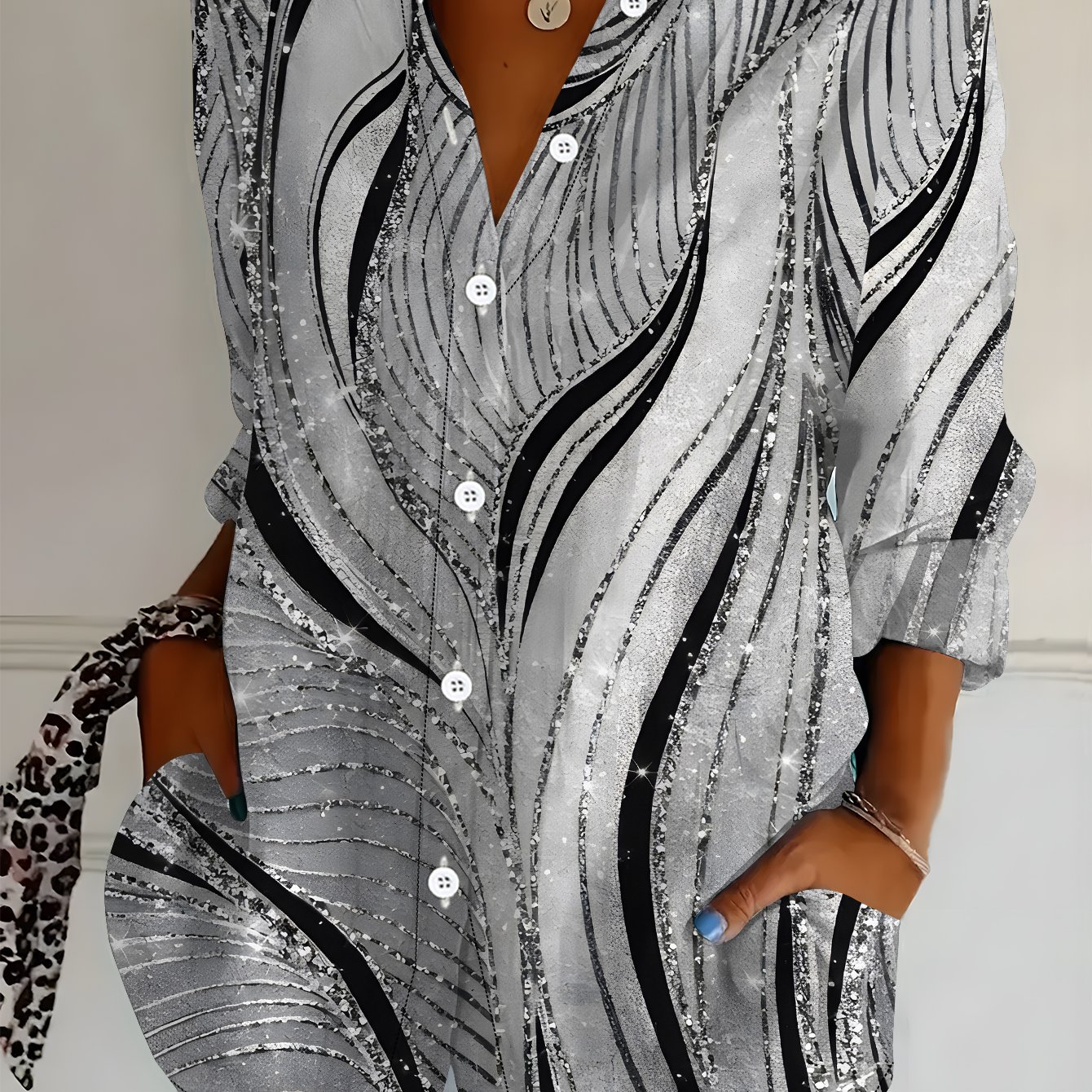 TEMU Plus Size, Plus Size Women's Long Sleeve Shirt, Ripple Print Loose Fit Printed Shirt, Shiny Line Pattern, Mid-length Women's Long Sleeve Lapel