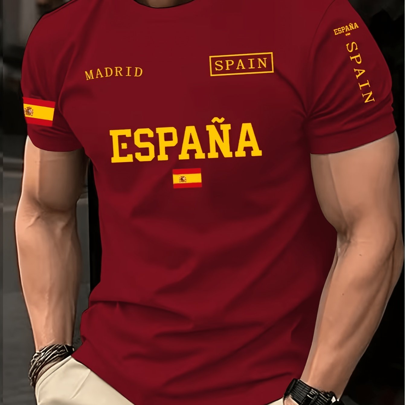 TEMU Camiseta casual de hombre con cuello , estampado de española, cuello casual, manga corta, camiseta de poliéster de punto , corte regular