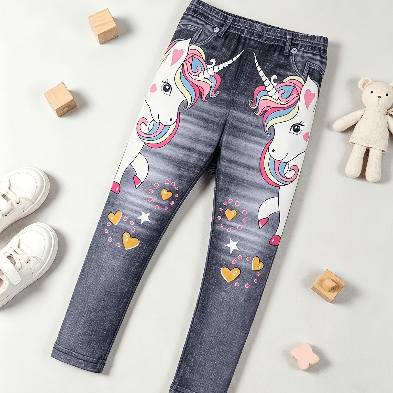 Image of Girls' Autumn Casual Cute Unicorn Denim Print Slim-fit Trousers, For Outdoor, Girls Outfit
