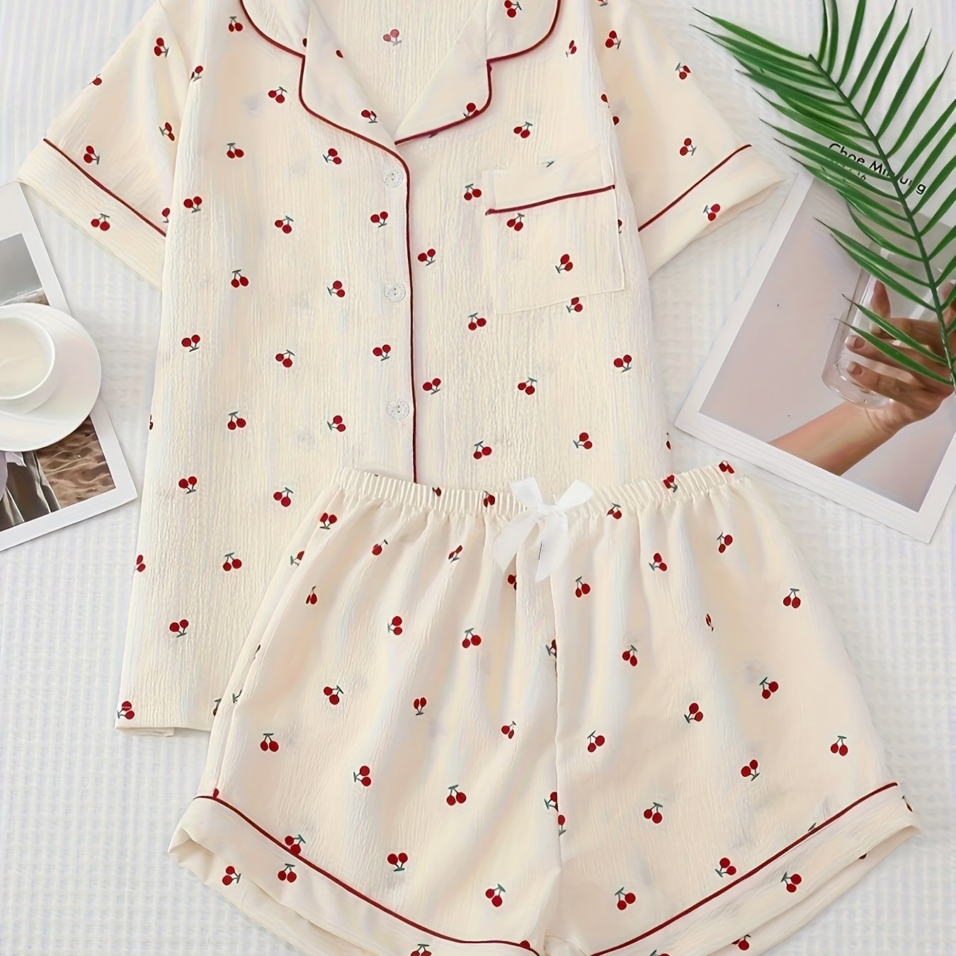 TEMU 2pcs Women's Cherry Print Summer Pajama Set, Short-sleeve Button-up Cardigan Lapel Shirt And Shorts, Spring/summer Casual Loungewear