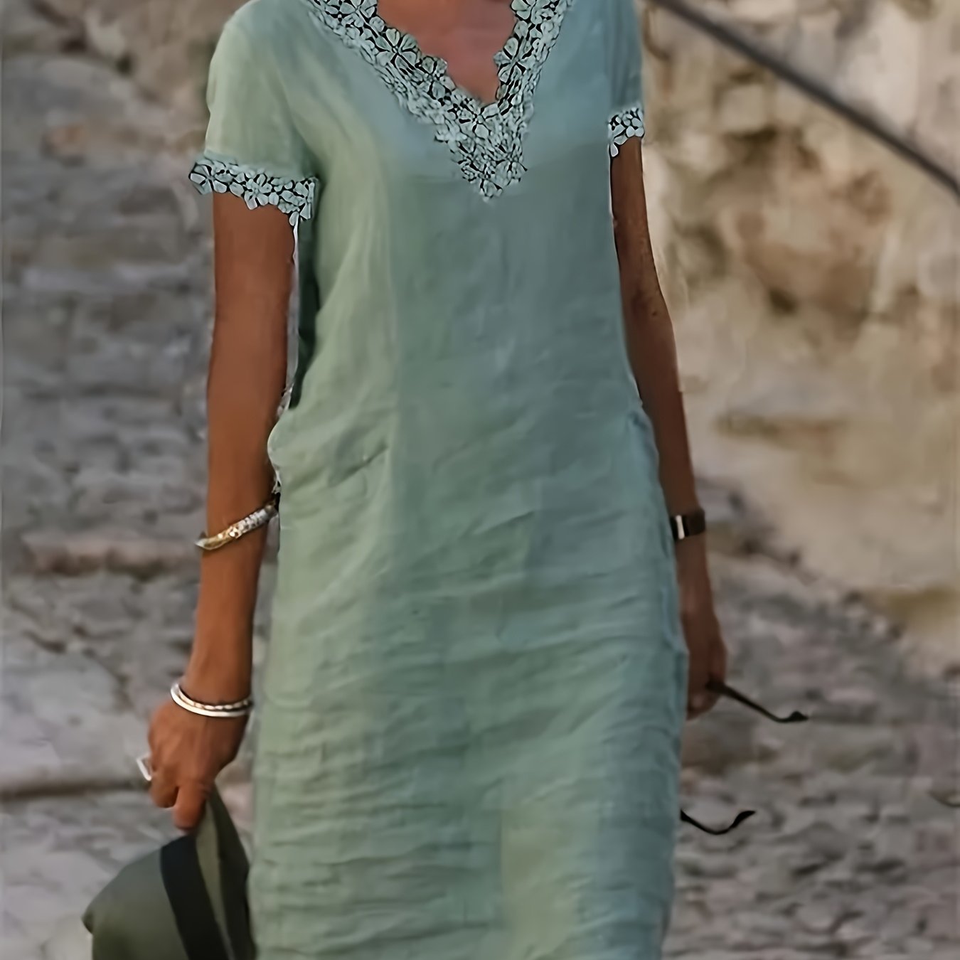 E-shop MU Damenkleid Sommer Kurzarm Lässig Gerades V-Ausschnitt Spitze Urlaubsstil Kleid mit