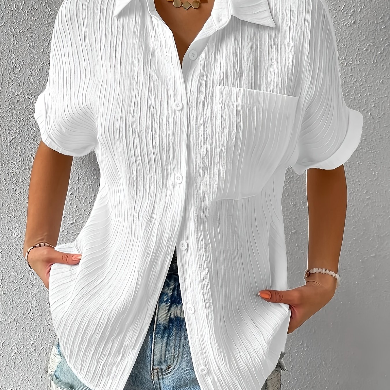 TEMU Summer Solid Color Shirt Lapel Short Sleeve Pocket Button Casual Top Women