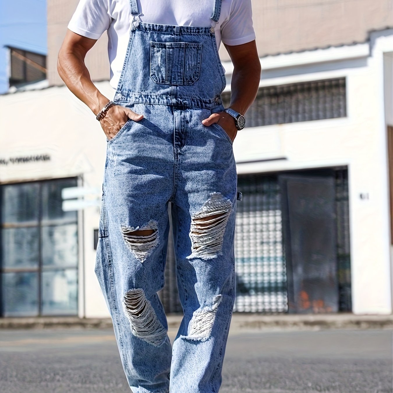 TEMU [hme] New Autumn And Brand Men's Overalls, Heavy-duty Washed , Retro Aged Perforated Design, Three-dimensional Straight-leg Style, Multi-pocket