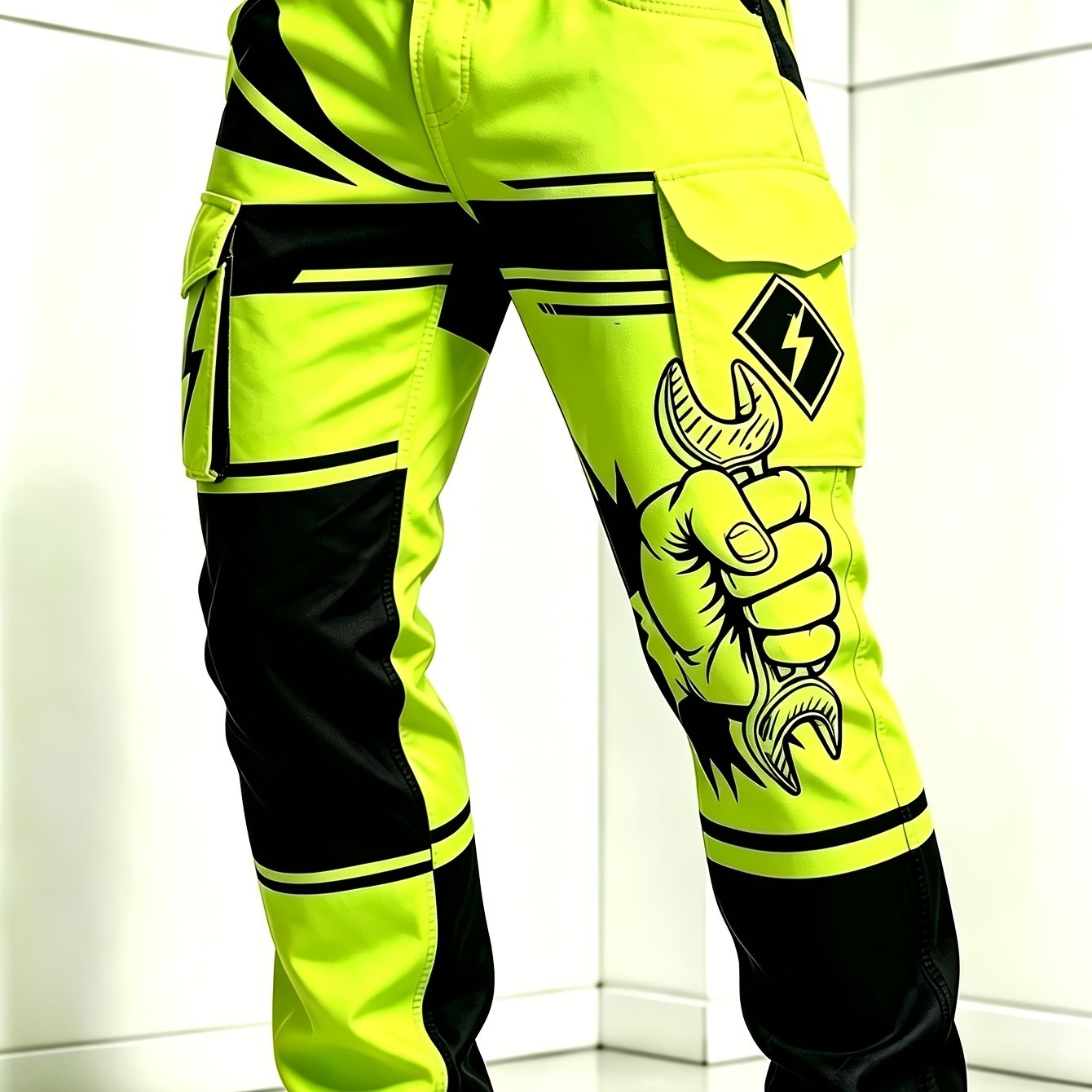 Image of Men's Fluorescent Green Digital Full Print Wrench Printed Cargo Pants, Loose Straight Trousers For Workshop, Outdoor & Daily Casual