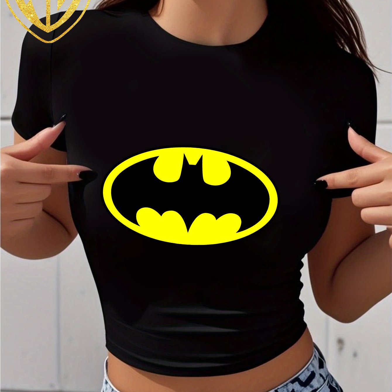 TEMU Wb Women's Batman Logo Print Fitted Short Sleeve T-shirt - Officially Licensed Iconic Bat Symbol, Soft Slim Fit Summer Top, Casual Superhero