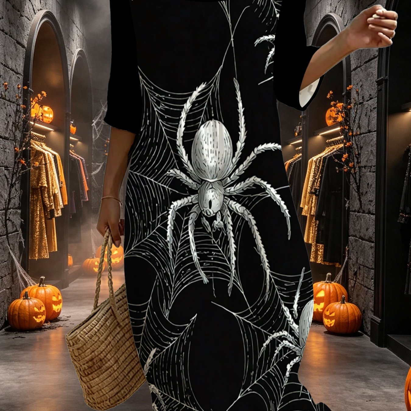 Image of Plus Size - New Arrival Women Plus Size Square Neck 3 Quarter Sleeve Dress Halloween White Spider Spider Web All Print Design Sense Fashion Versatile Outdoor Street Loose Long Dress