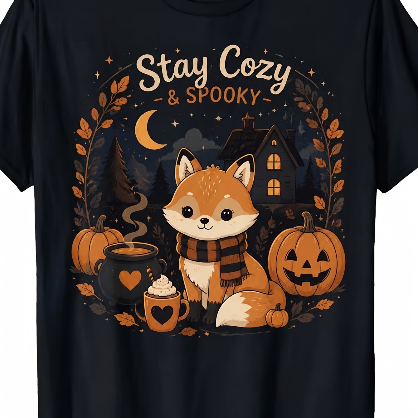 Image of Men's Cute Fox Halloween Graphic T-shirt, Cozy Spooky Fall Themed Casual Streetwear For Autumn Daily Outfits