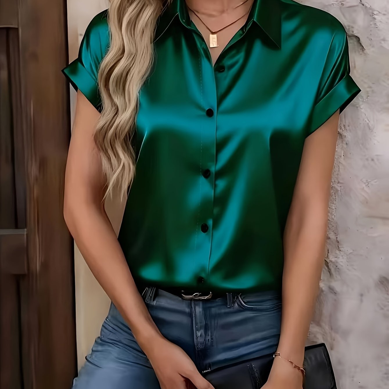 TEMU Women's Fashion Premium Satin Lapel Versatile Short Sleeve Shirt