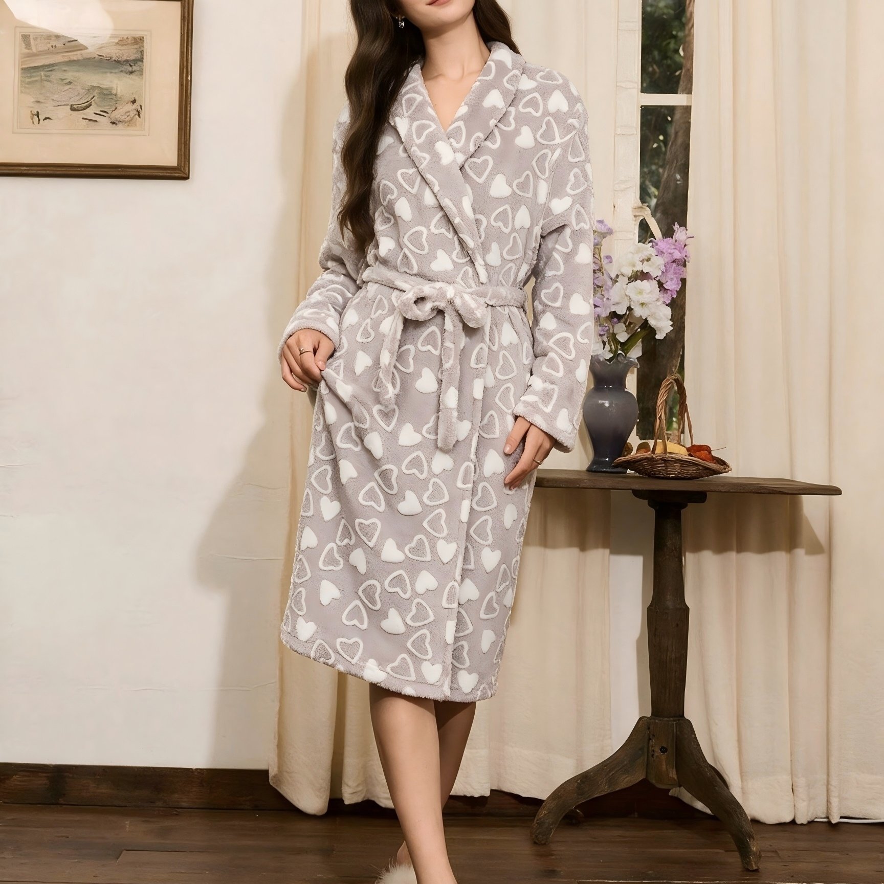 TEMU Women's Flannel Pajamas In Autumn And Winter Worn Outside To . Women'-sided Padded Women's Nightgown With Belt.