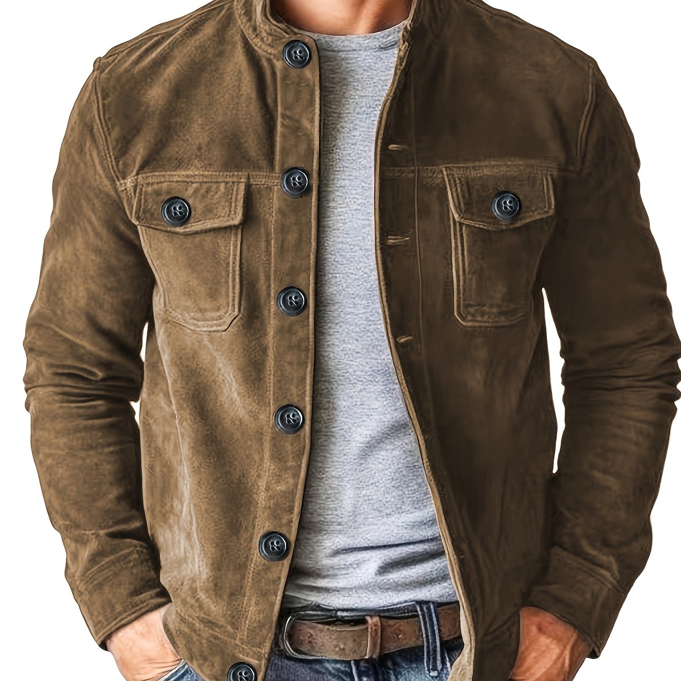 TEMU Men's Casual Jacket With Pockets, Versatile Long-sleeved Stand Collar Button Coat, Outerwear