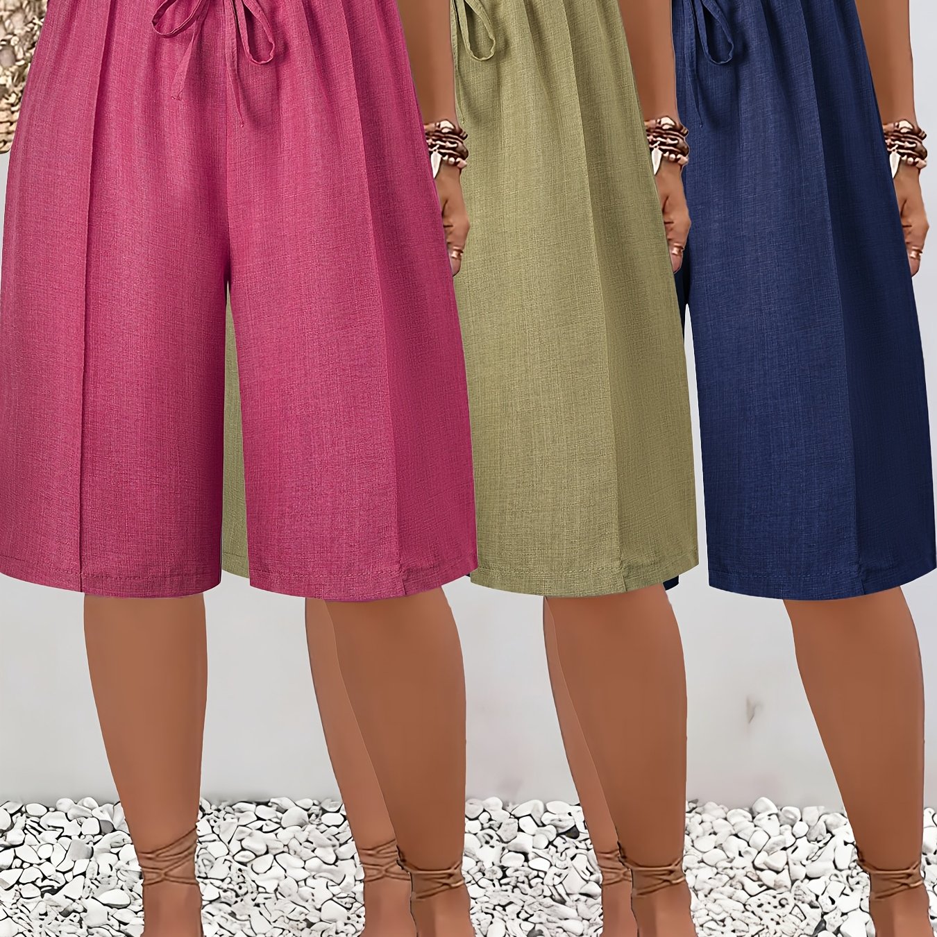 TEMU Conjunto de 3 piezas, Etiqueta de talla, Pantalones cortos casuales versátiles de color sólido para mujer, Pantalones Bermuda de playa para