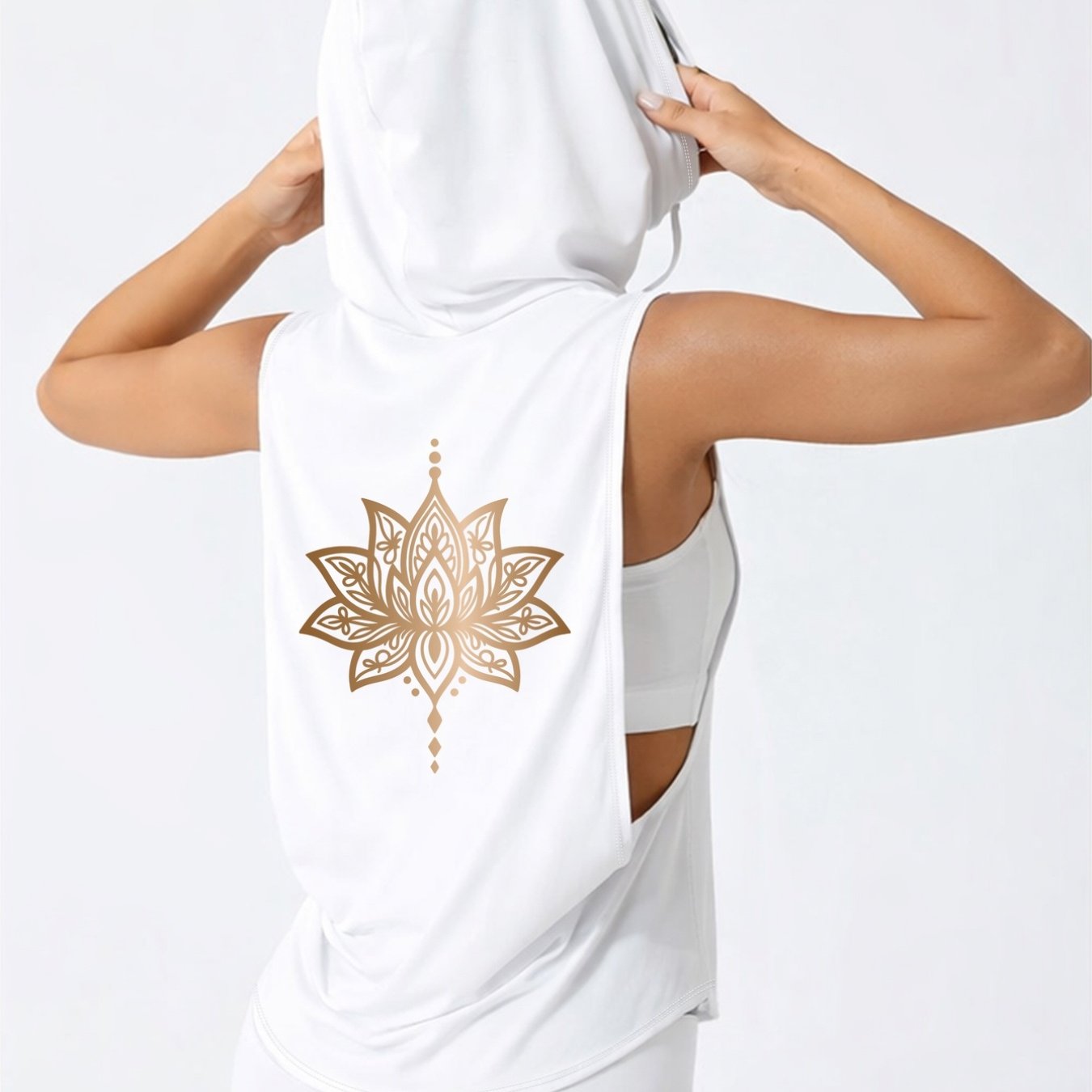 TEMU Back Print, Sleeveless Hooded Athletic Vest, Golden For Lotus And Mandala Pattern Print, Loose Fit, Machine Washable, Suitable For Spring/summer