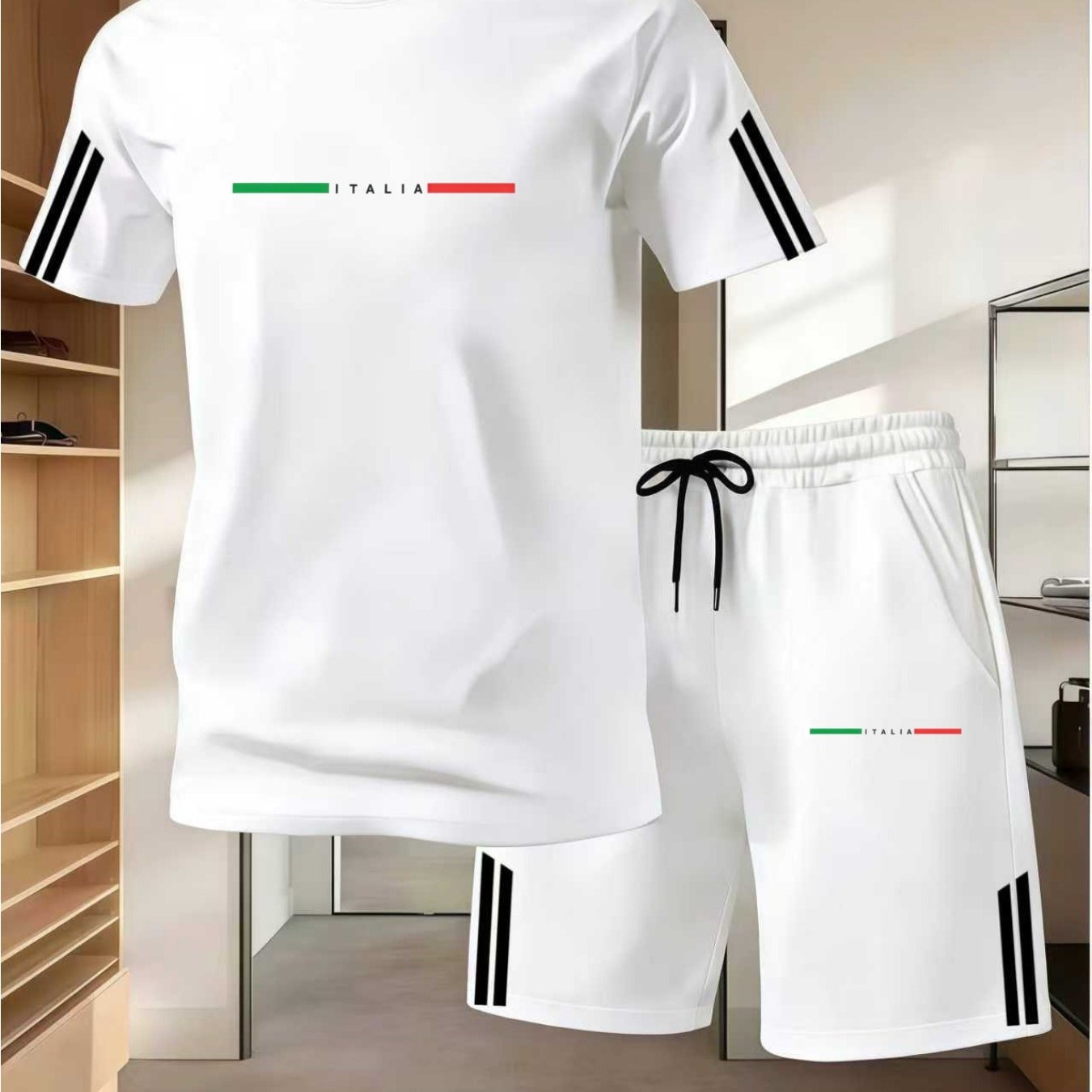 TEMU Herren ITALIA gestreiftes Kurzarm- Shorts-Set im italienischen Stil, 2-teiliges minimalistisches Sommer-Set, lockeres atmungsaktives sportliches