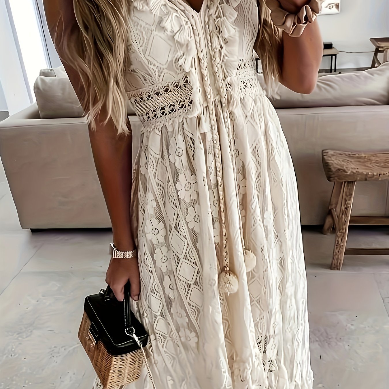 TEMU Floral Lace Contrast Trim Cami Dress, Elegant Tassel Decor High Low Hem Dress For Spring & Summer, Women's Clothing