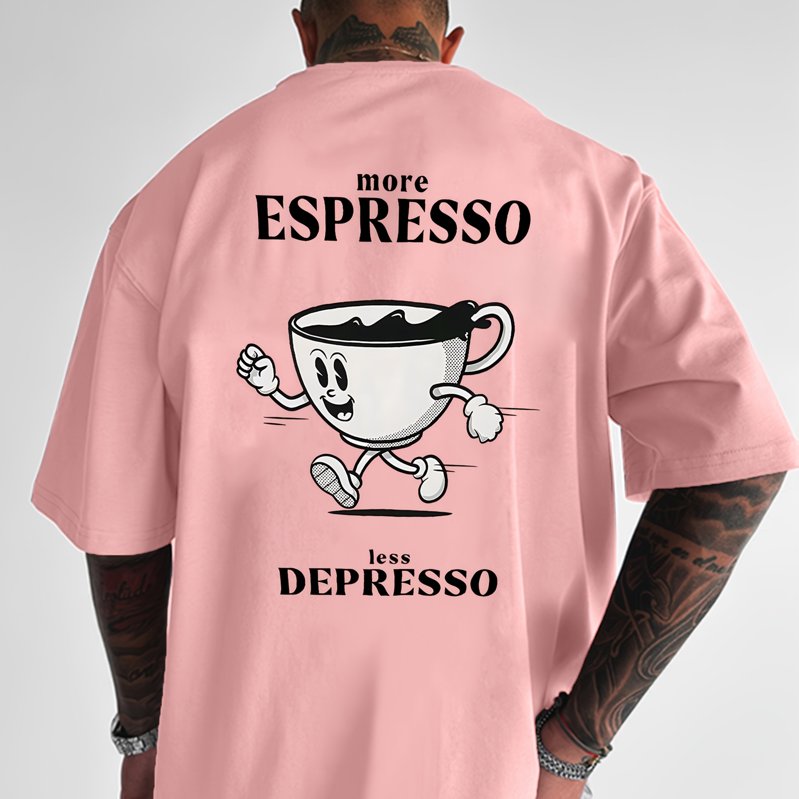 TEMU Men's Graphic Tee: More Espresso, Less Depresso - Lightweight Polyester Casual Shirt Featuring A Cartoon , Machine Washable, Daily Wear,
