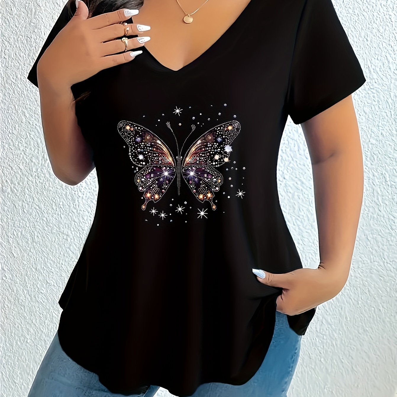 E-shop Plus Size, 2D-Druck Frühling/Sommer Damen Elegantes Kurzarm V-Ausschnitt T-Shirt Bequemes Lockeres Stretch-Print-Oberteil
