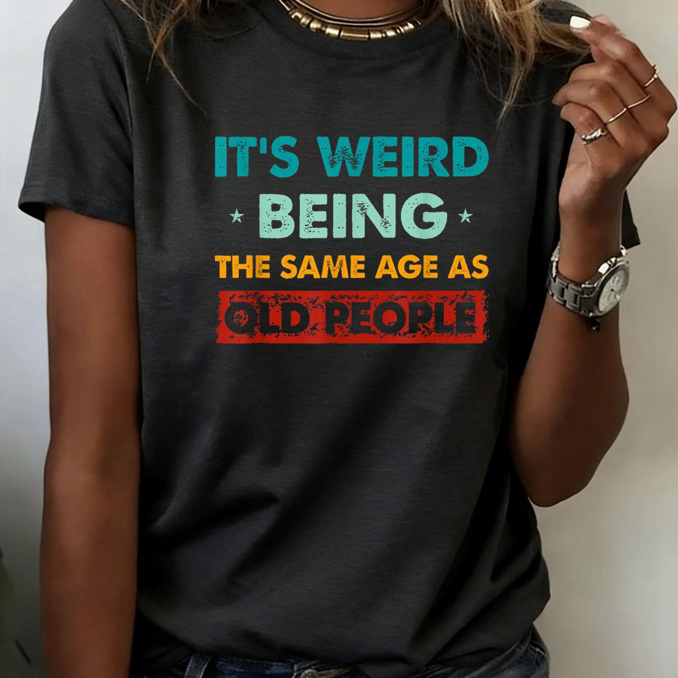TEMU Women's Summer Crewneck Short Sleeve T Shirt, Weird Being Age As Old People Slogan Graphic, Humorous Theme, Soft Breathable Fabric, Lightweight