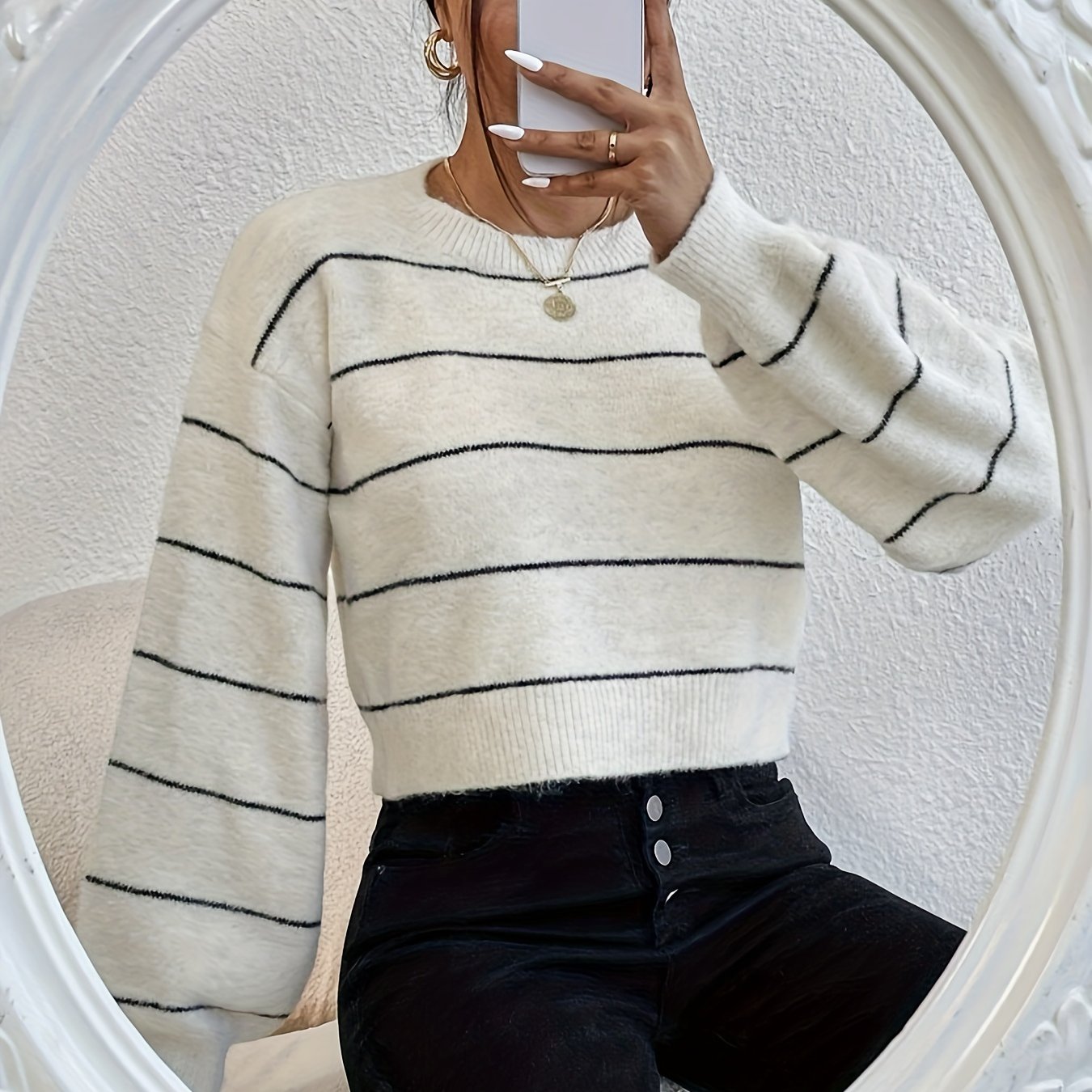 TEMU Women's Striped Drop Shoulder Long Sleeve Crop Casual Pullover Jumper For Autumn And Winter Commuter Fashion