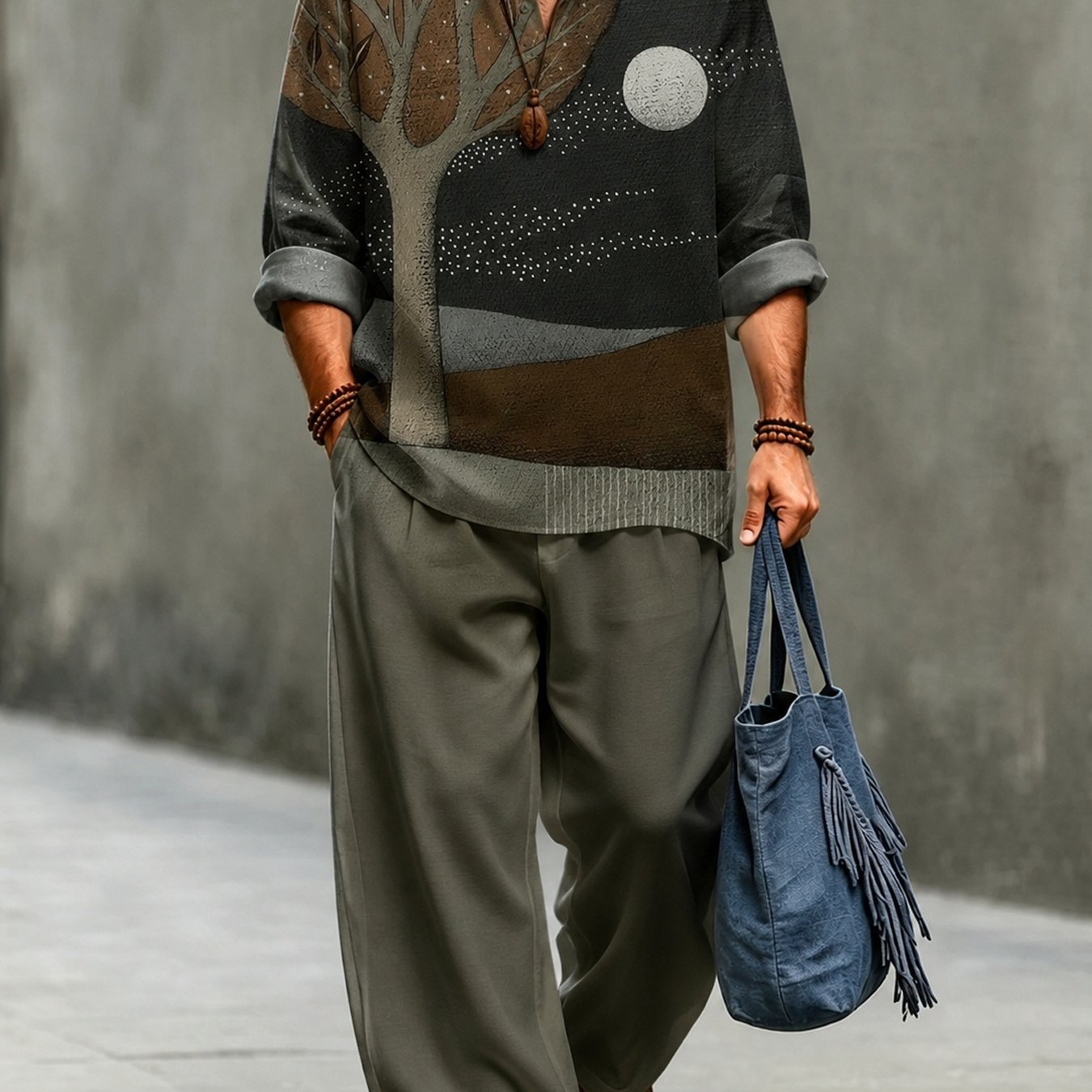 TEMU Conjunto de dos piezas holgado para hombre de talla estándar - Estilo Old Money para hombre, camisa de larga y pantalones, estampado retro