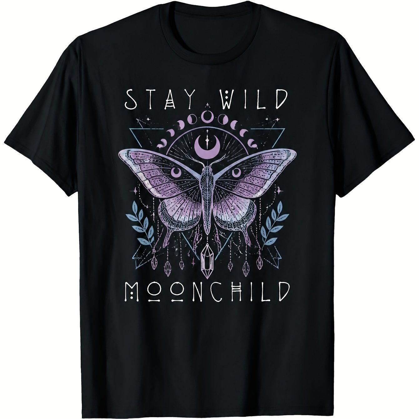 Men's Crew Neck Graphic T-shirt With Celestial Moth, Moon Phases, Crystals Wild Print, Retro Celestial Style, Casual Wear For Daily, Weekend And Vacation Outfits