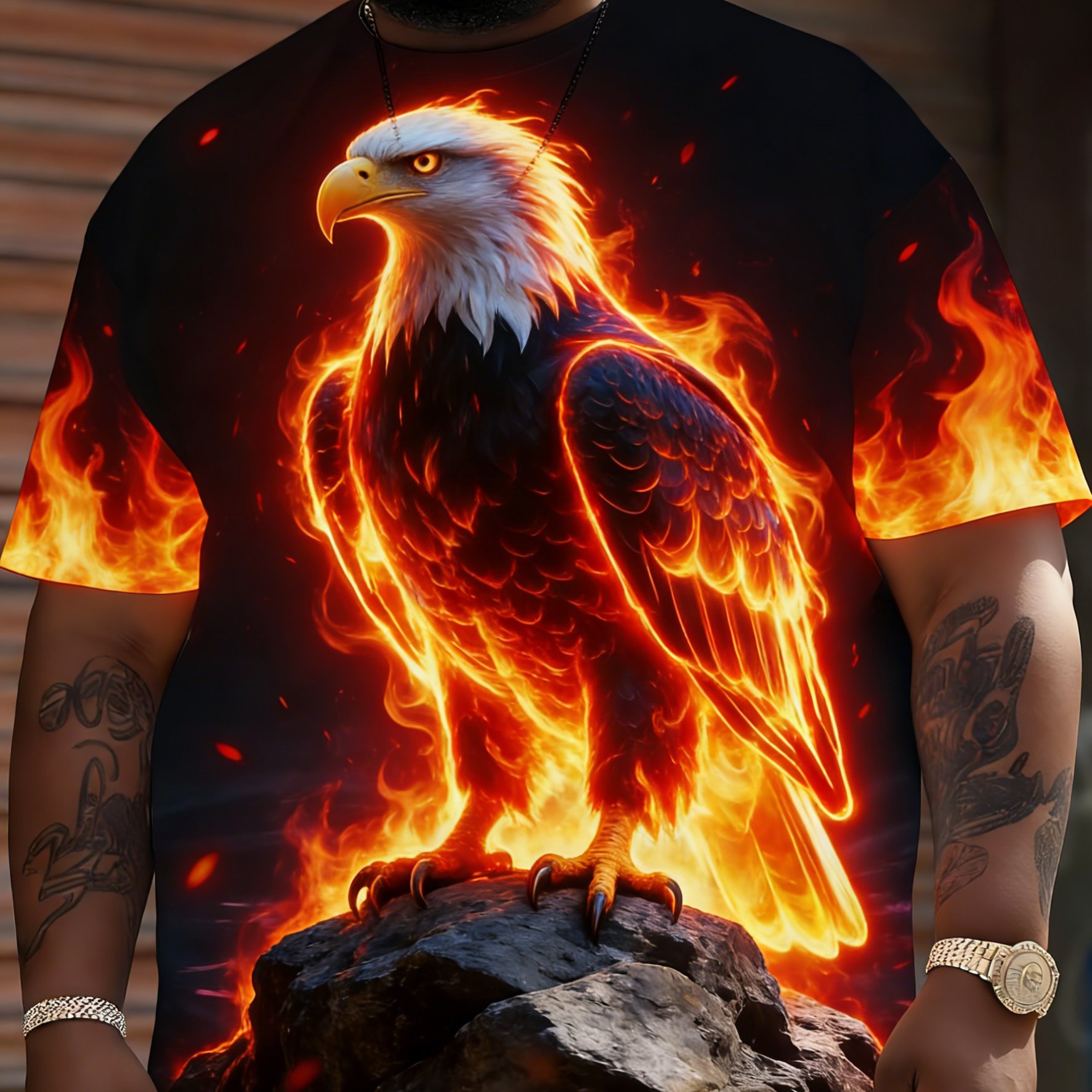 TEMU Flame White Eagle Plus Size Men's Short Sleeve, Blazing Rock Eagle Loose Casual T-shirt [print Design - No Texture]