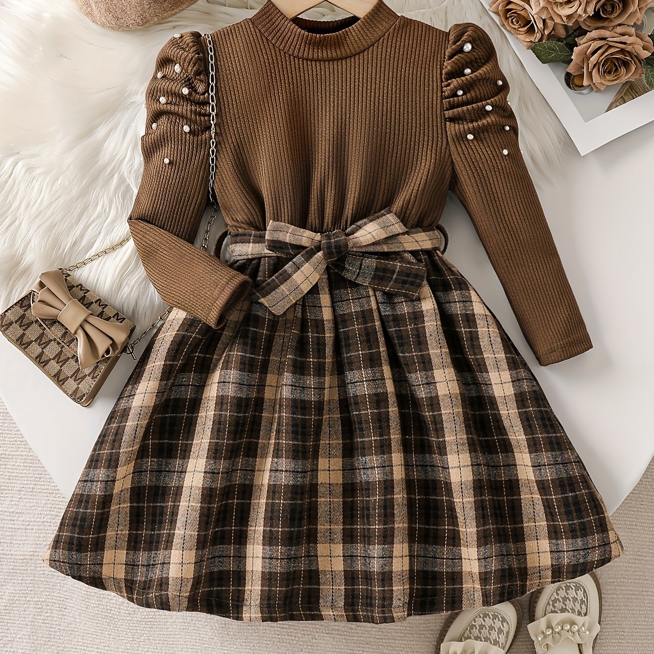Image of Girl's Dress With Shoulder Beading, , Round Neck, Long Sleeves, And Belt, For Daily , Casual And Comfortable, Spring/autumn Style
