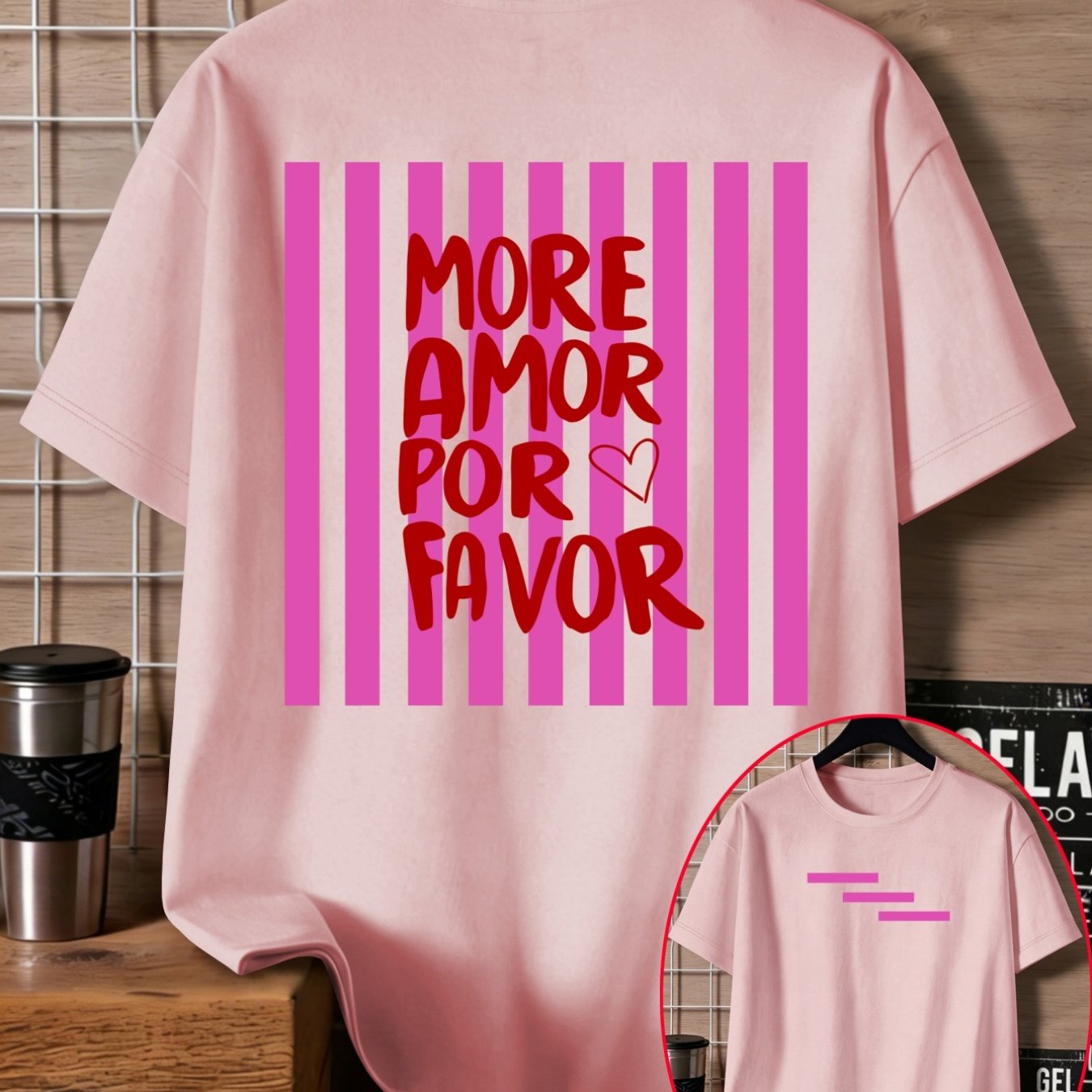 TEMU Plus Size - Vertical Stripes Spanish Slogan With Heart Print Plus Size Women Loose T-shirt