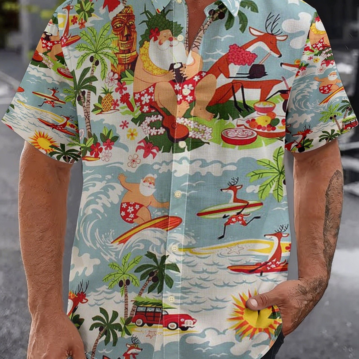 TEMU [print Design-not Textured] Santa Christmas Surfing Tree Print Men's Short Sleeve Shirt, Casual Beach Party Summer Wear, Men's Holiday Vacation