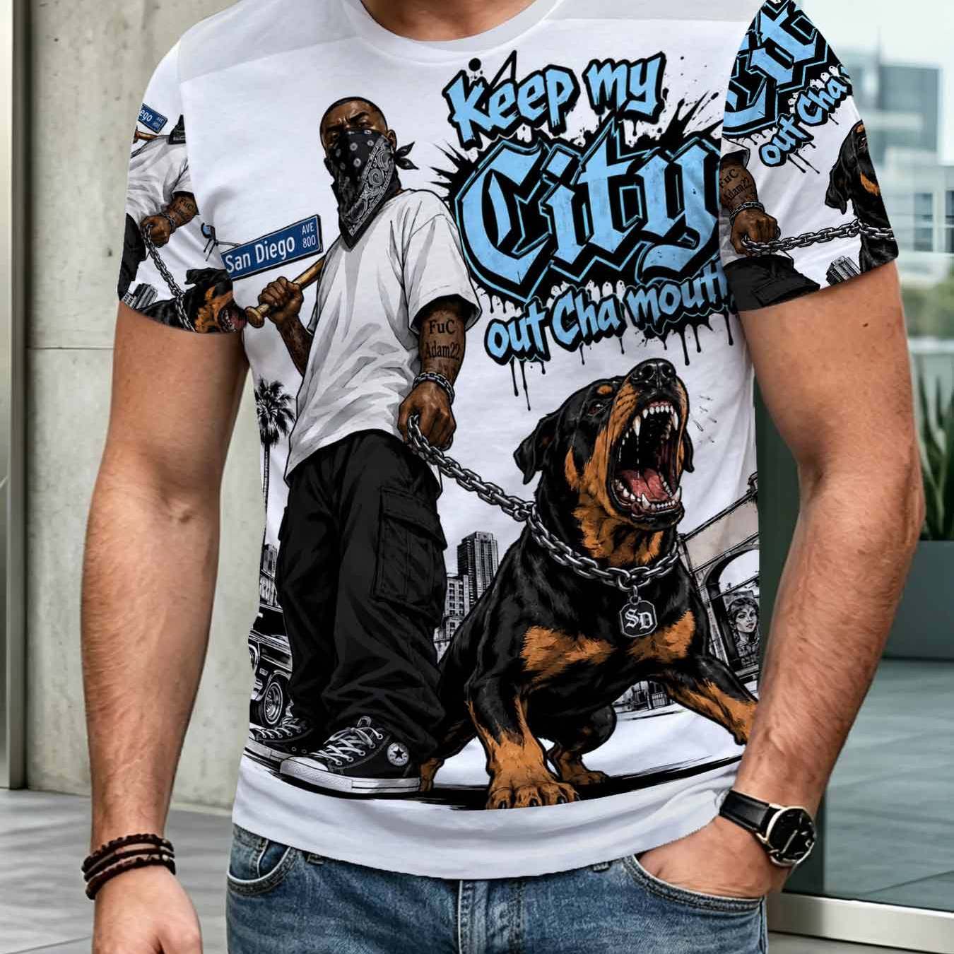 TEMU Men's San Hip-hop T-shirt - Retro & Rottweiler Graphic , Loose Fit Casual Short Sleeve Round Neck Top Suitable For Urban Rap Outfits, Daily Wear