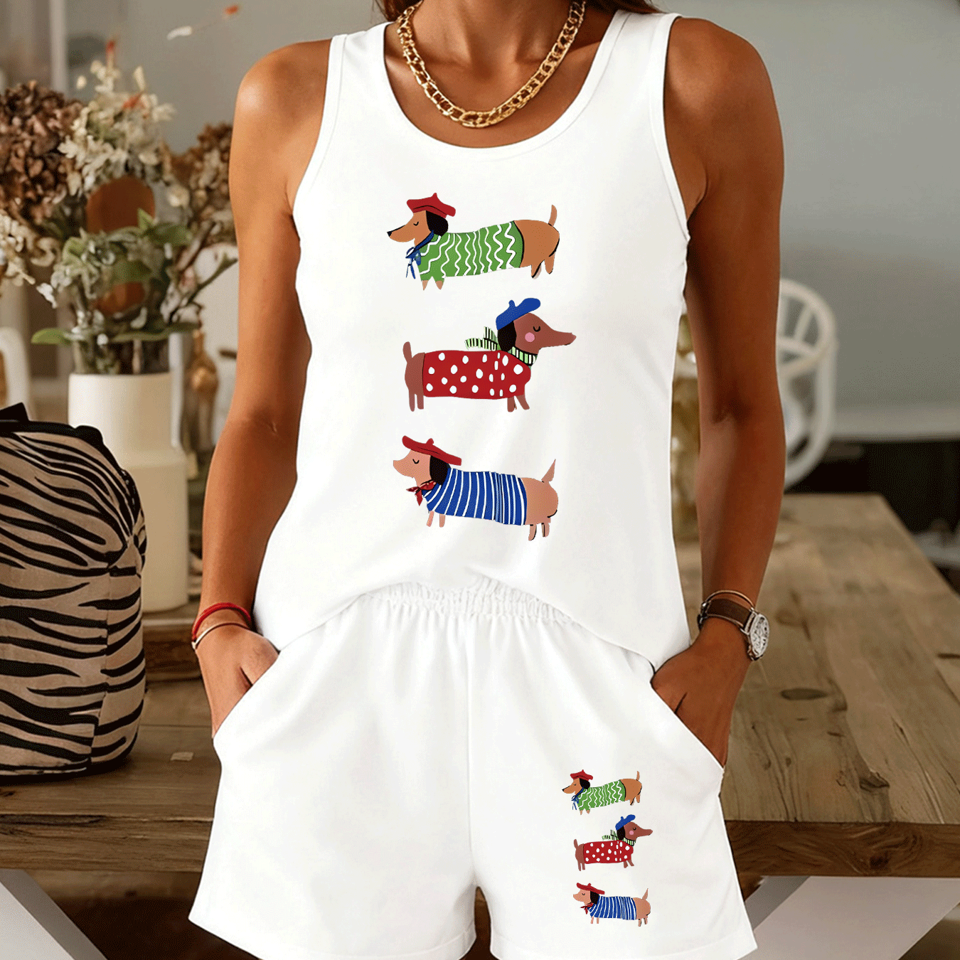 TEMU Conjunto adorable de camiseta sin multicolor con estampado de perro salchicha y shorts, ropa de estar en casa casual y de dibujos animados, la