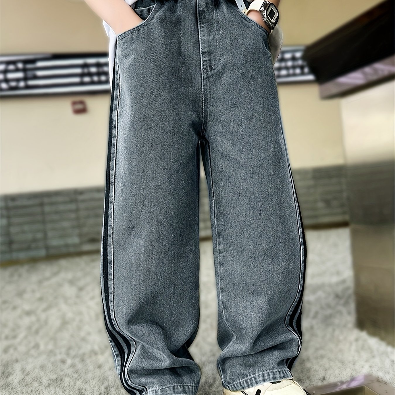 Image of Boys' Casual Sporty Campus Trend Autumn/winter Outdoor Outing & Cycling Jeans For Students, Outdoor Activities, Dance, Straight-leg Four-season Wear Denim Pants