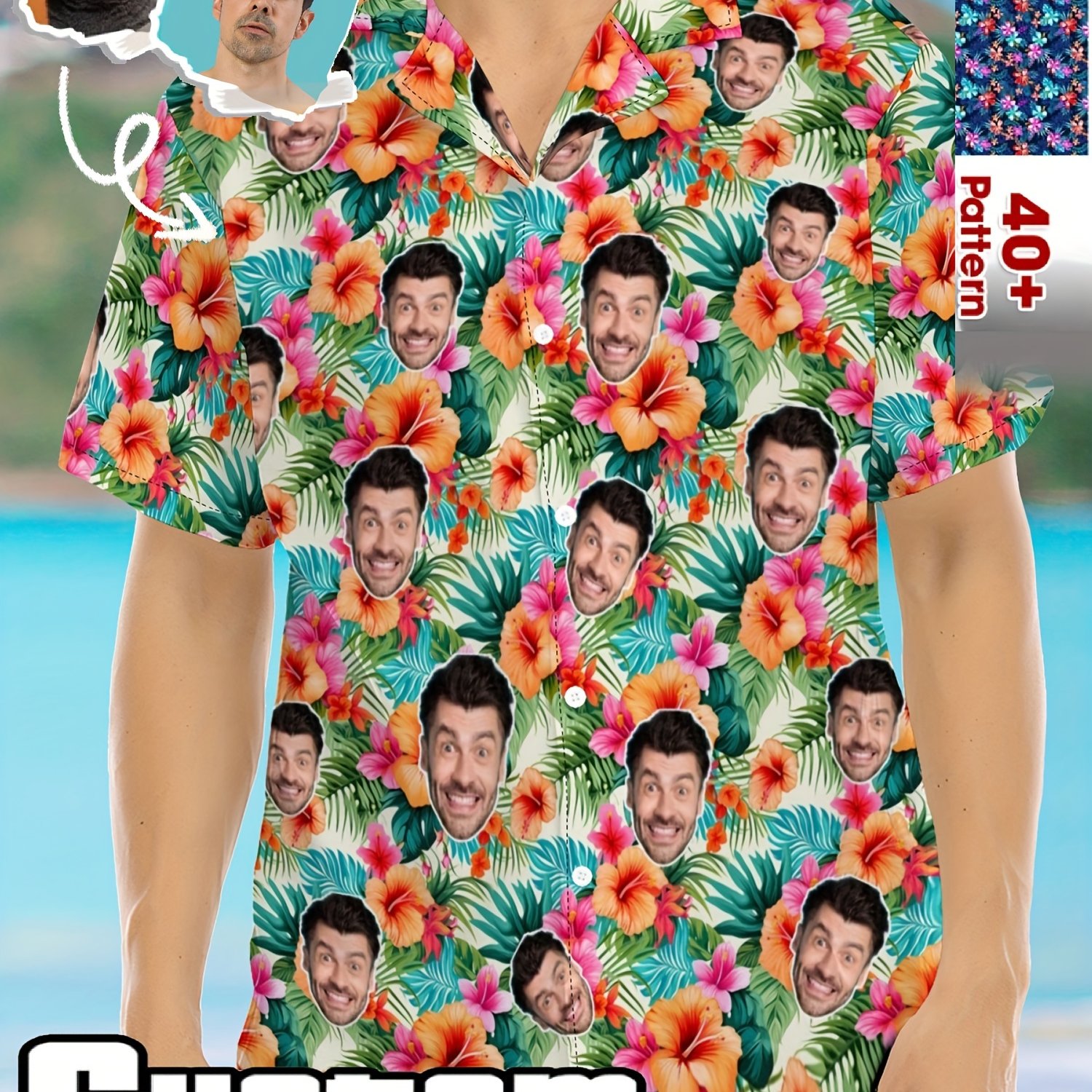 TEMU Jia+ Product : Custom Men's Hawaiian Shirt With Custom Face Print. Add Your Full-face Image For Digital Printing On The Shirt's Pattern In Any