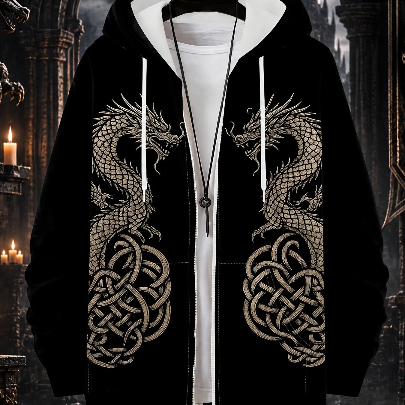 TEMU Sweat à capuche zippé chinois avec totem de dragon, veste tendance rétro à imprimé nœud, haut de sport décontracté pour et