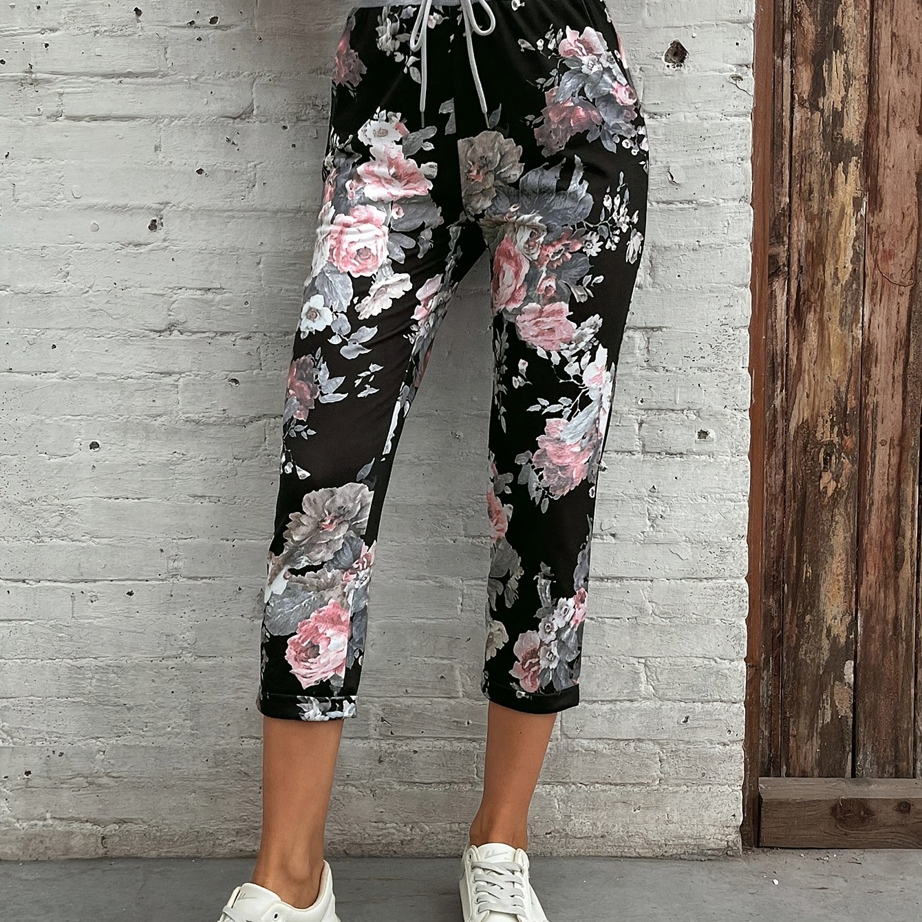 Floral Print Ribbed Waist Drawstring Pants