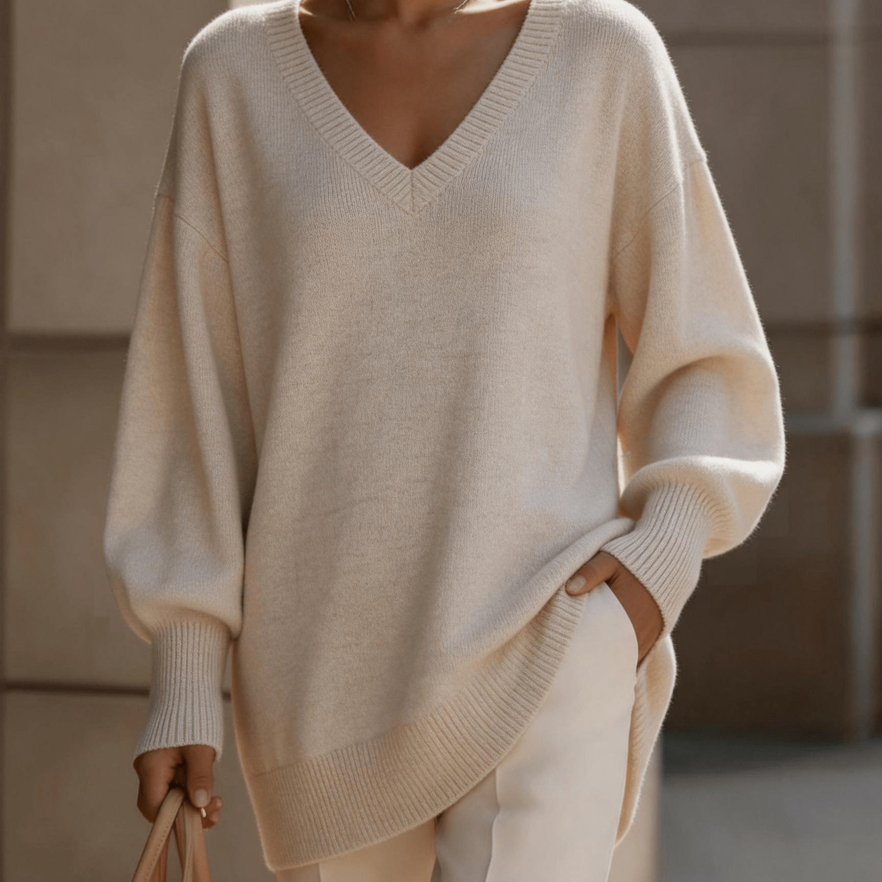 TEMU Plus Size - Gentle Oatmeal Rice Solid Deep V-neck Long Sleeve Sweater Women's Lazy Oversized Loose Mid-length -friendly Minimalist Light Daily
