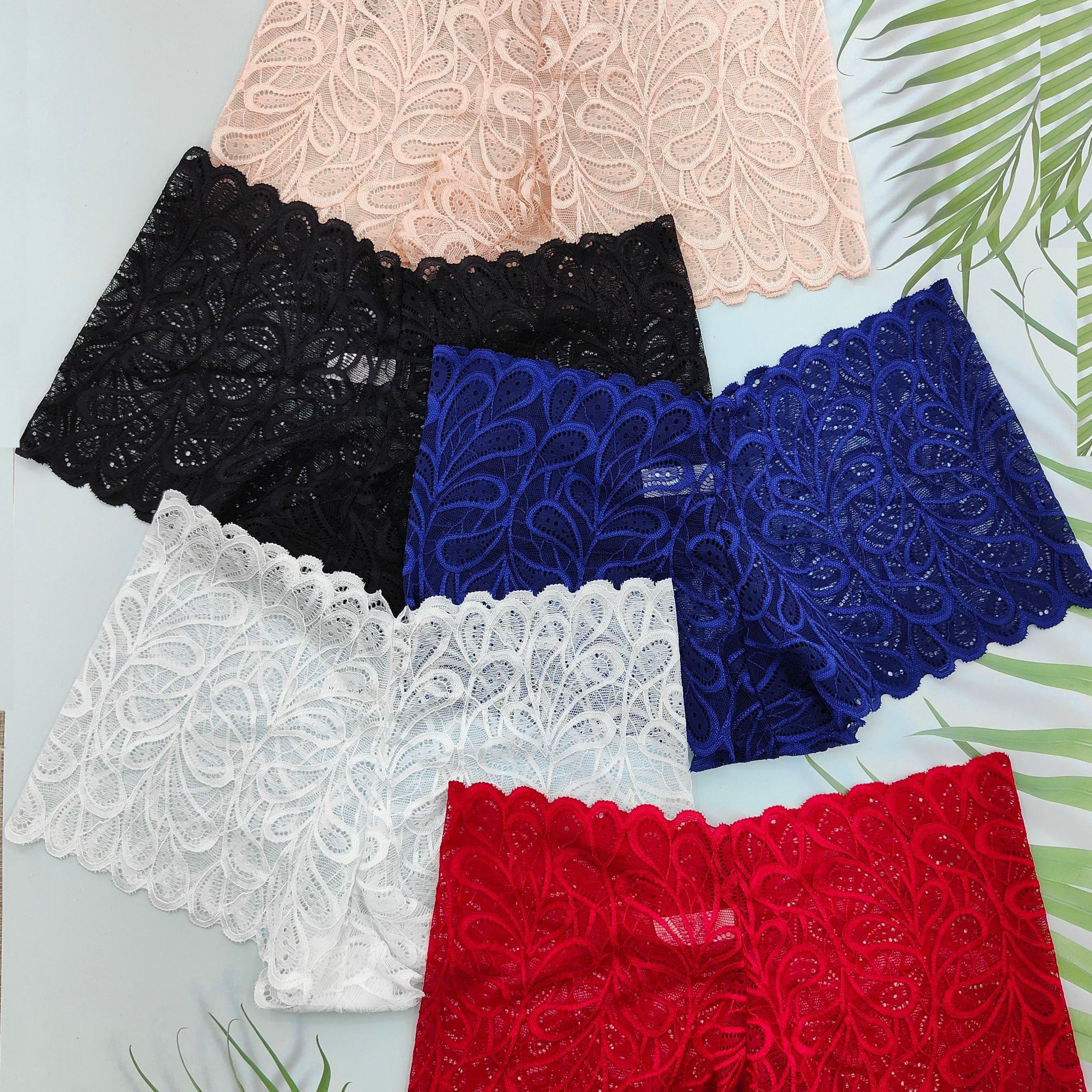 TEMU 5pcs Sexy Lace Low-rise Boyshorts For Women, 90% Polyamide 10% Elastane Knit Fabric Underwear