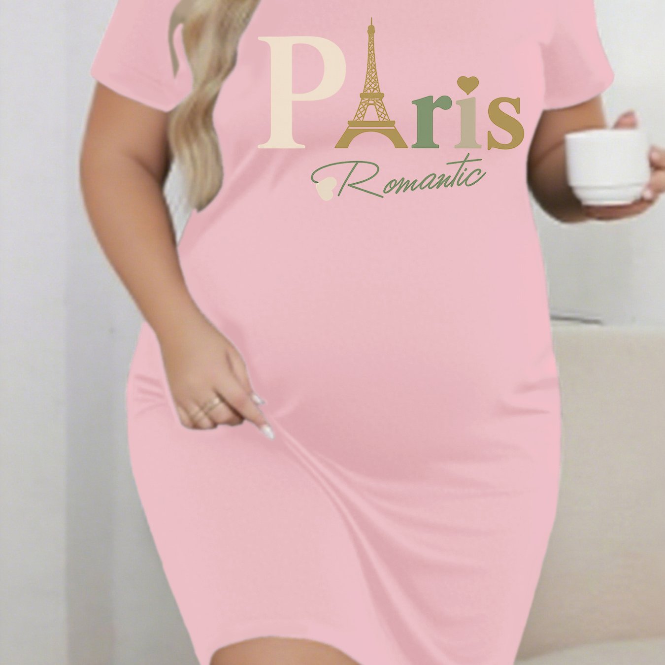 TEMU Women's Maternity Short-sleeve Round Neck Dress - Paris Print A-line Pregnancy Dress With Short Sleeves & Knee-length Hem, Fitted Belly For