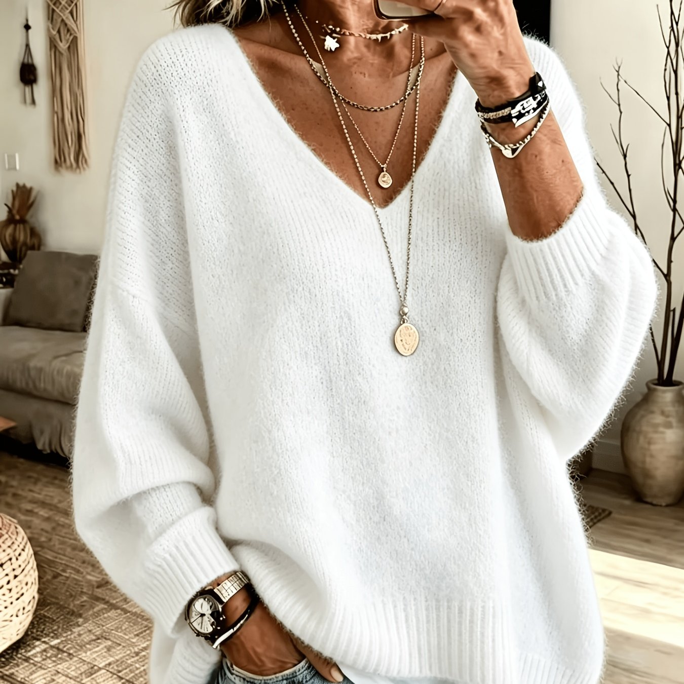 TEMU Plus Size - Summer Xiaotang Directional Western Plus Size Women's Autumn Winter Style Elegant Commuter V-neck Sweater Women
