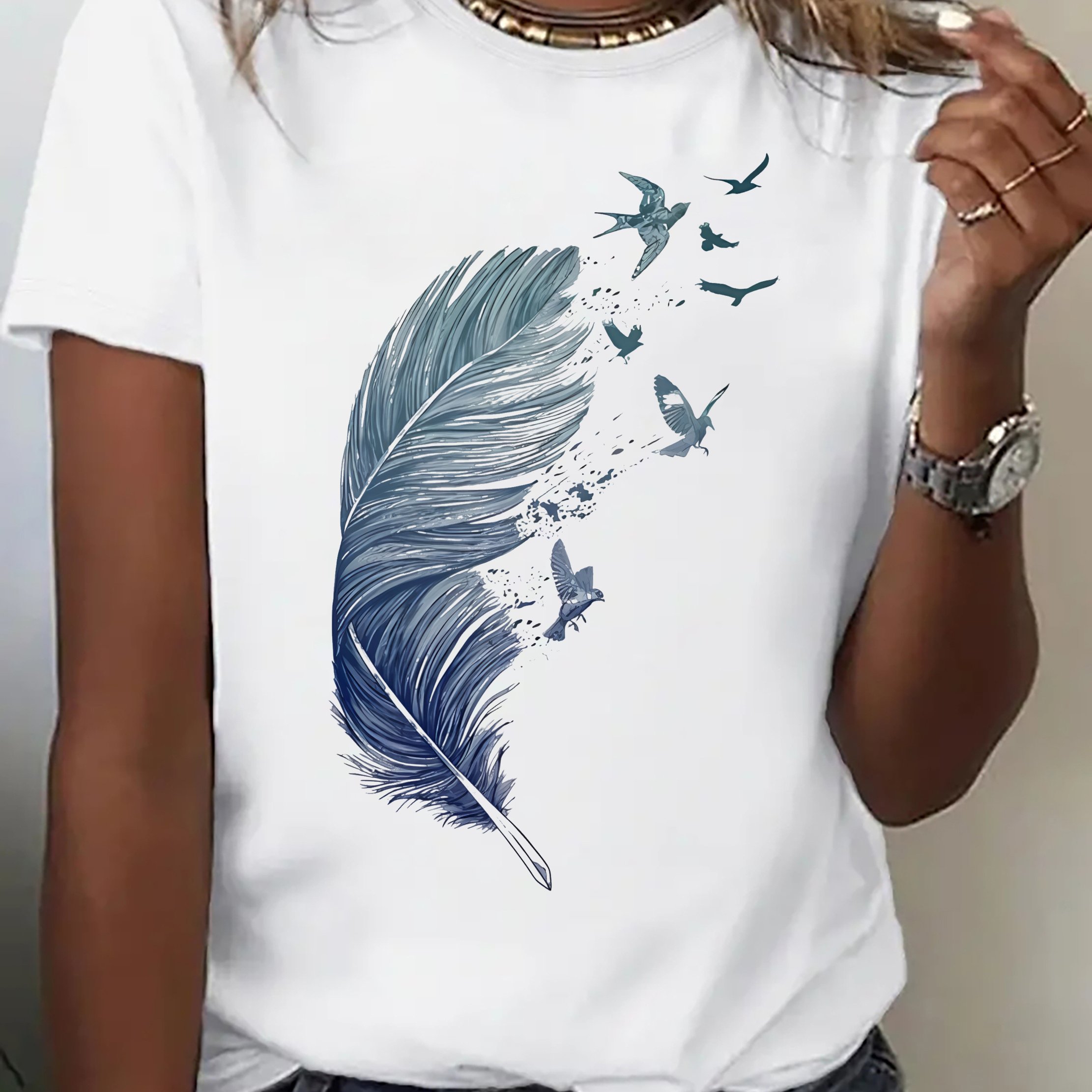 E-shop Friedensdove Blaues Print Damenmode Lässiger Energetischer Sportlicher Stil T-Shirt
