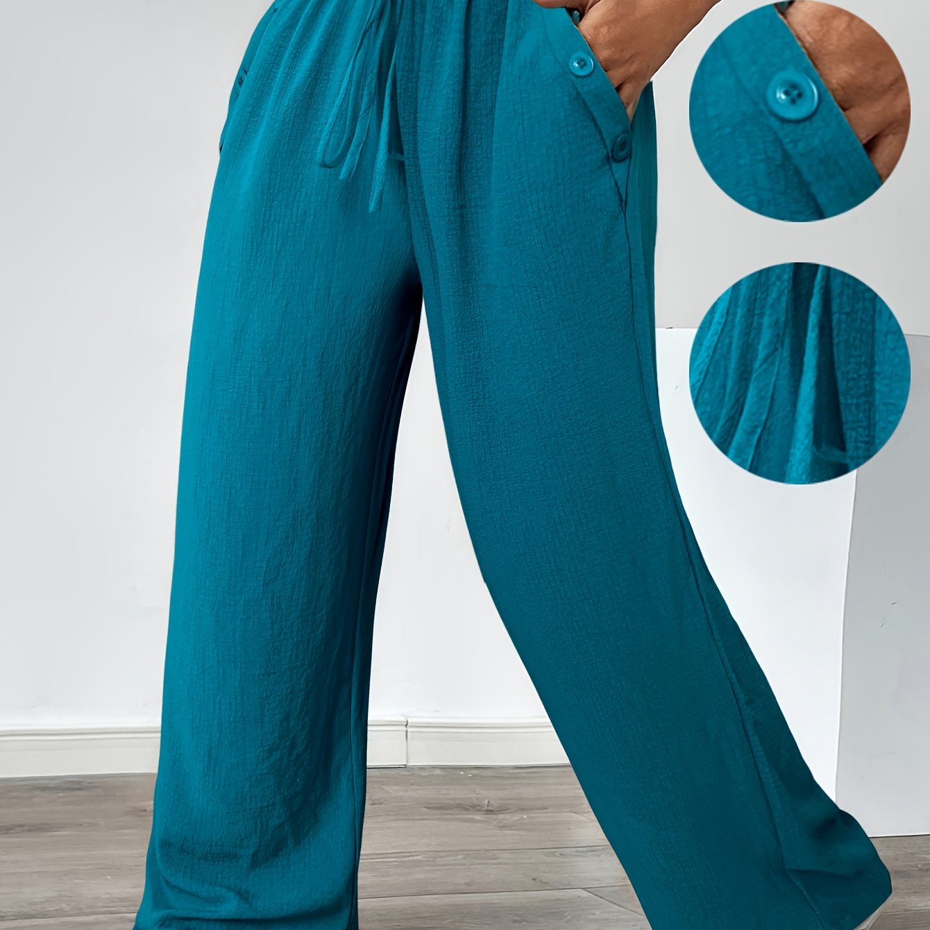 Plus Size - Casual Plus Size Women's Long Pants | Non-stretch, Solid Color, Lace-up Detail, Straight Style For Spring/summer/fall