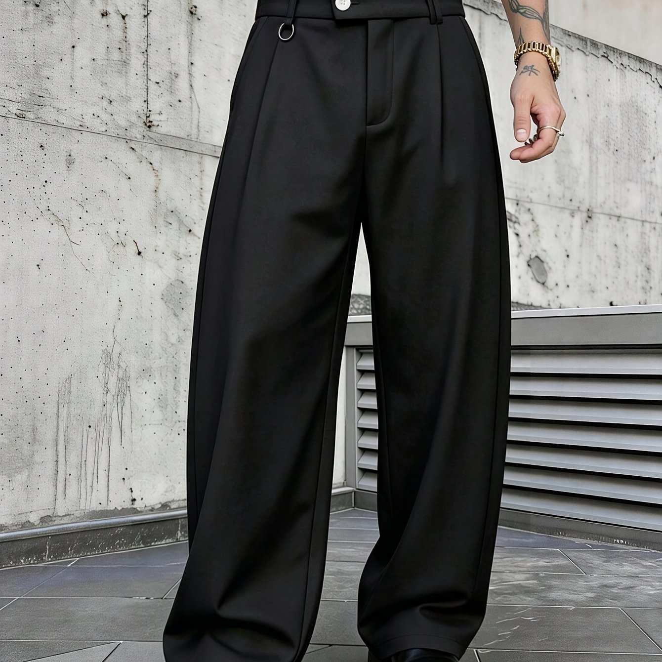 TEMU Men's Fashionable Loose-fit Casual Versatile Pleated Pants, High-waist With Metal Grommet Button Pockets And Straight-leg Business Trousers,