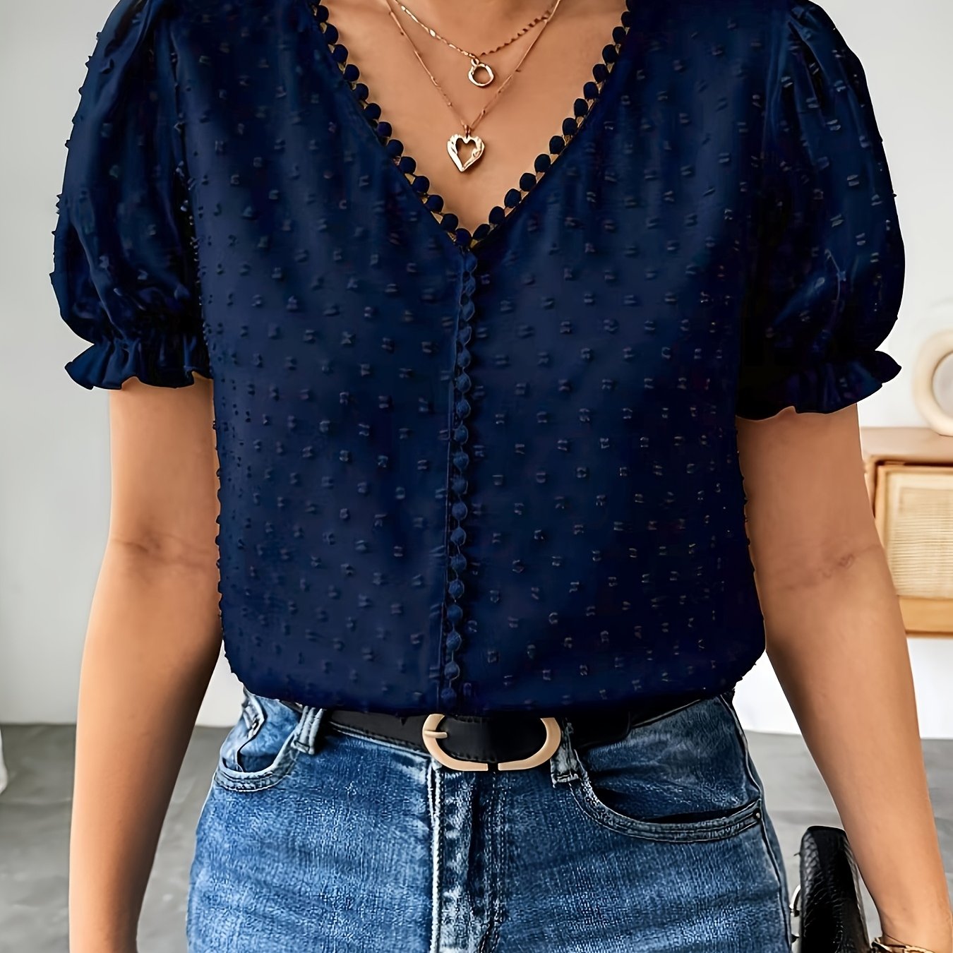 TEMU Spring And Summer Women's Elegant Lace V-neck Shirt