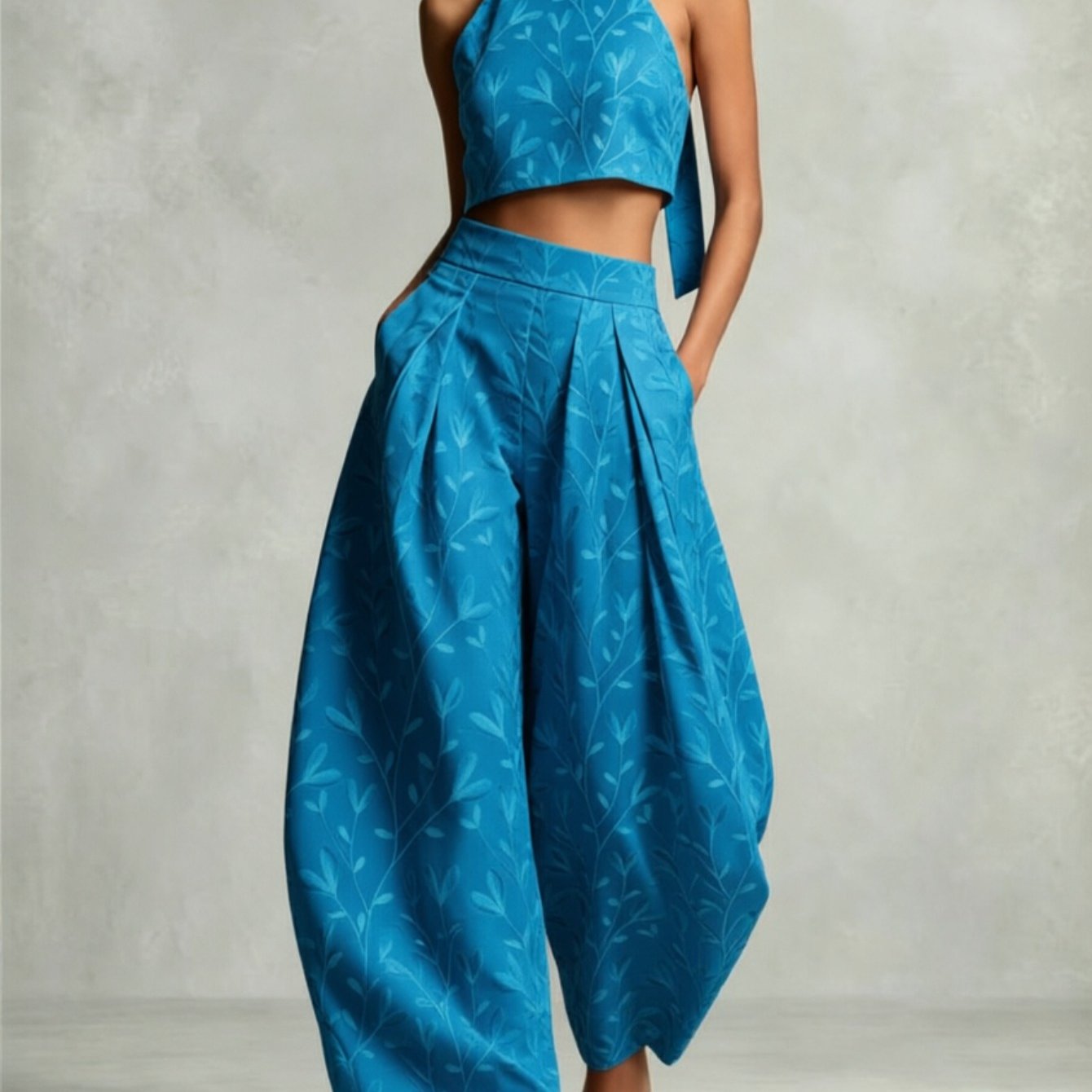 Image of New Bohemian Summer Women's Halter Top And Wide-leg Bloomers Set. Elegant And , Perfect For Dates, Dinner Parties, Casual Gatherings, Daily , And Festival Gifts. Machine Washable