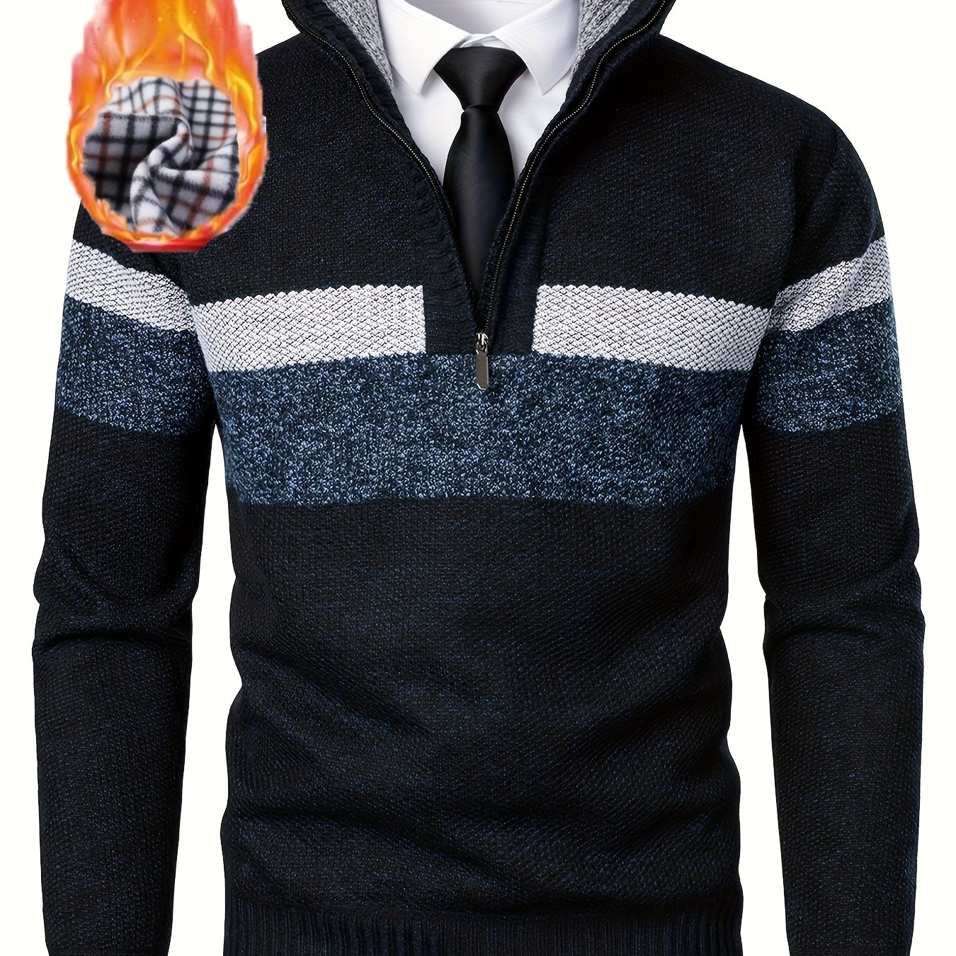 Men's Thickened Knitted Pullover Sweater With A Color And Stand Collar, Made From Plus Velvet