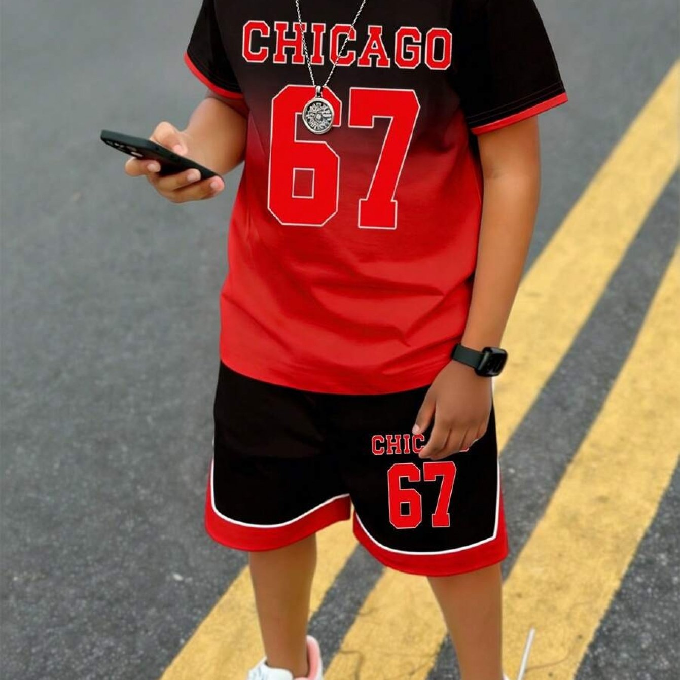 TEMU 2pcs/set Boys' Black Summer Streetwear Back-to-school 67 Gradient Lettering Graphic Tee And Shorts Set, Casual Fashionable Outfit, Outdoor,